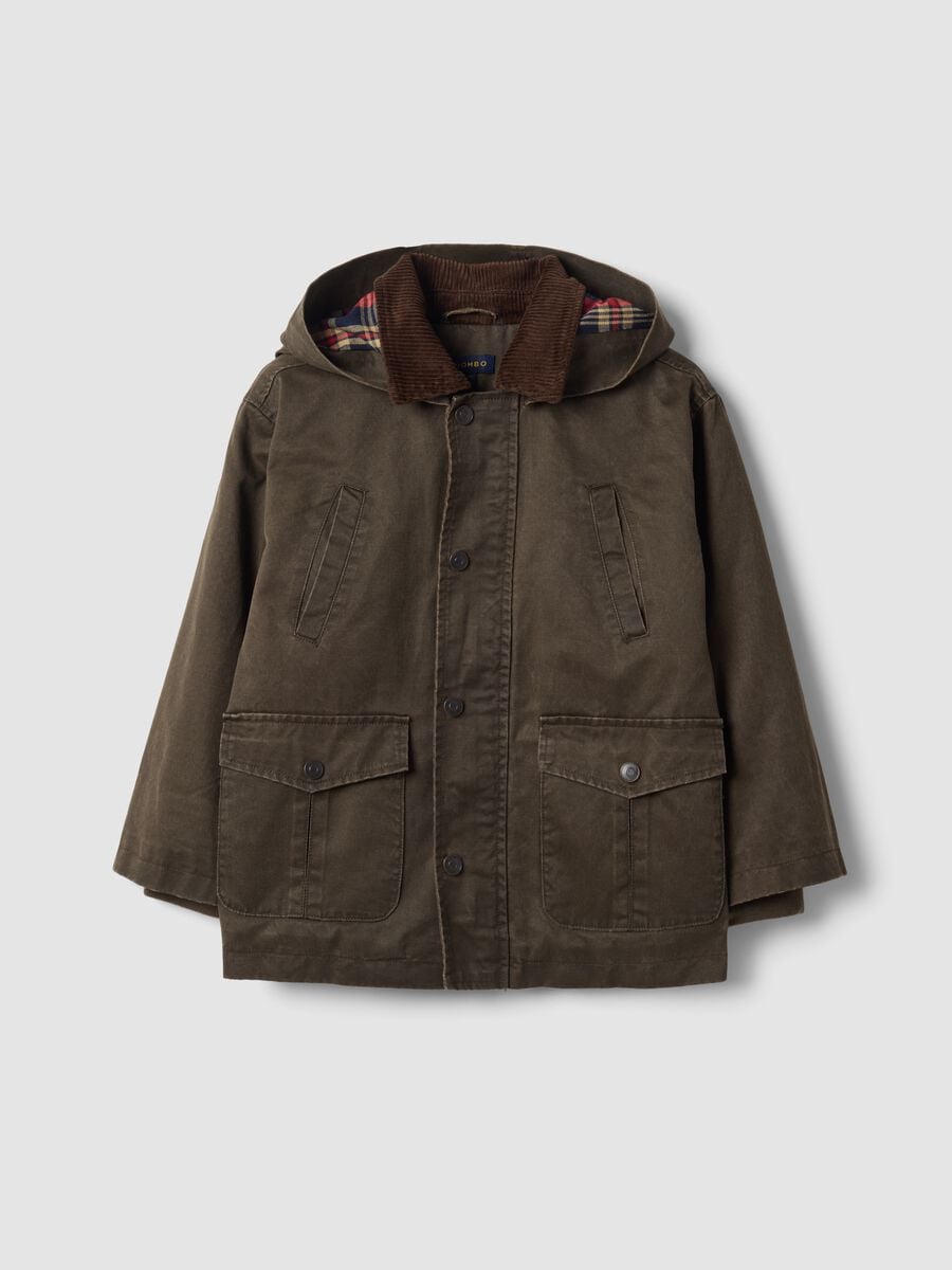 Green water-repellent padded cotton-blend jacket with hood_0