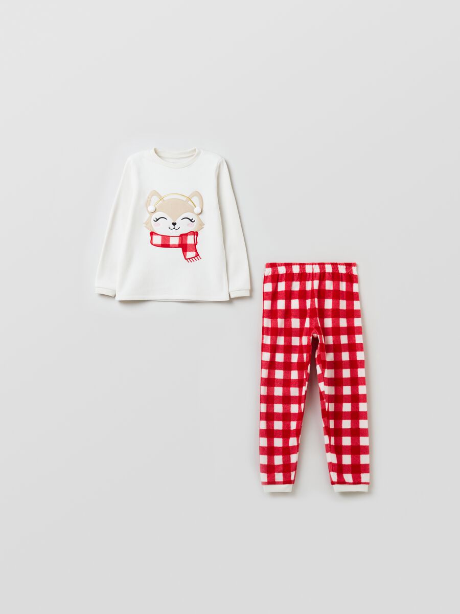 Fleece pyjamas with fox embroidery and pompom_0