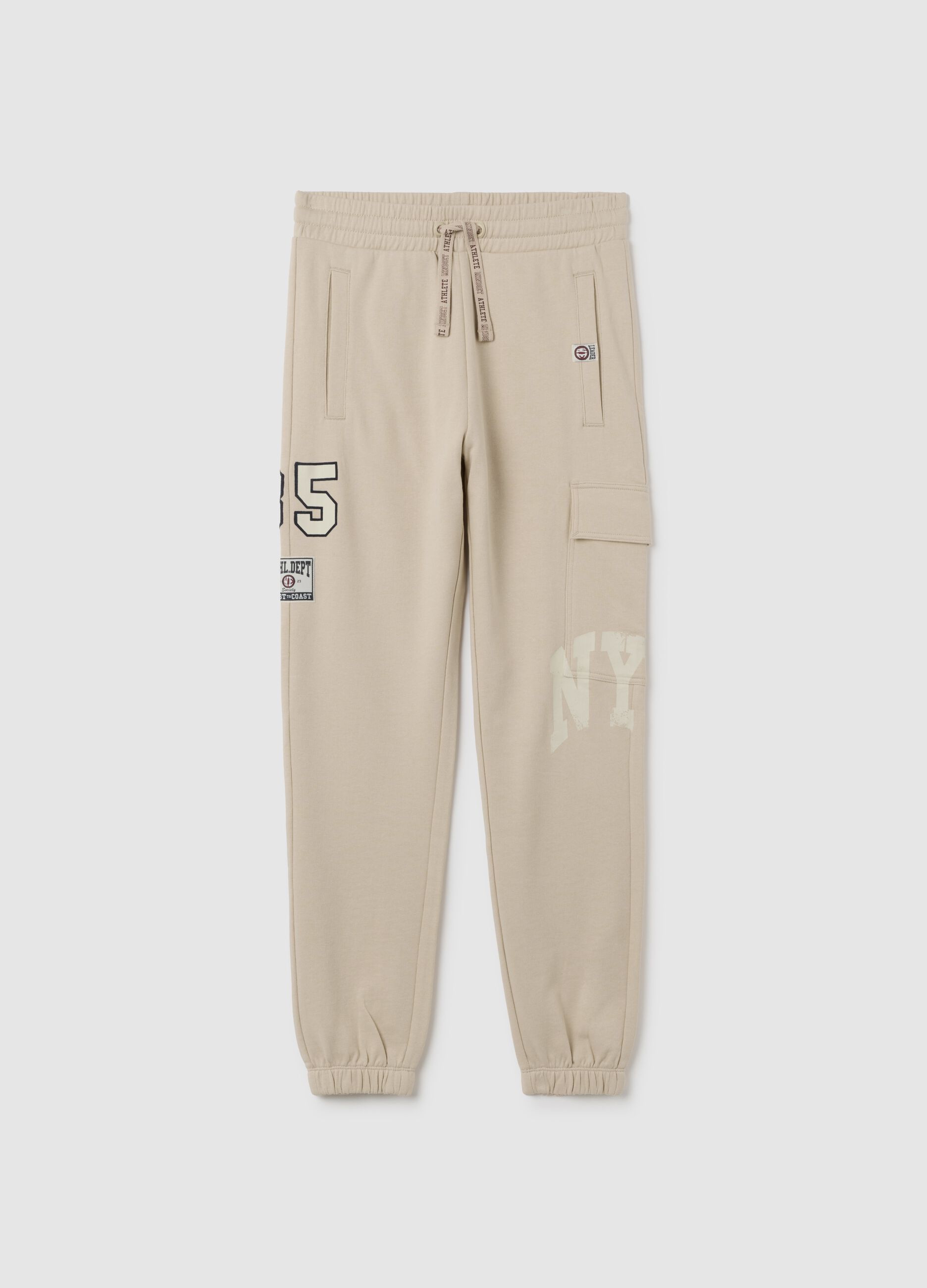 Boy's beige regular fit pure cotton joggers