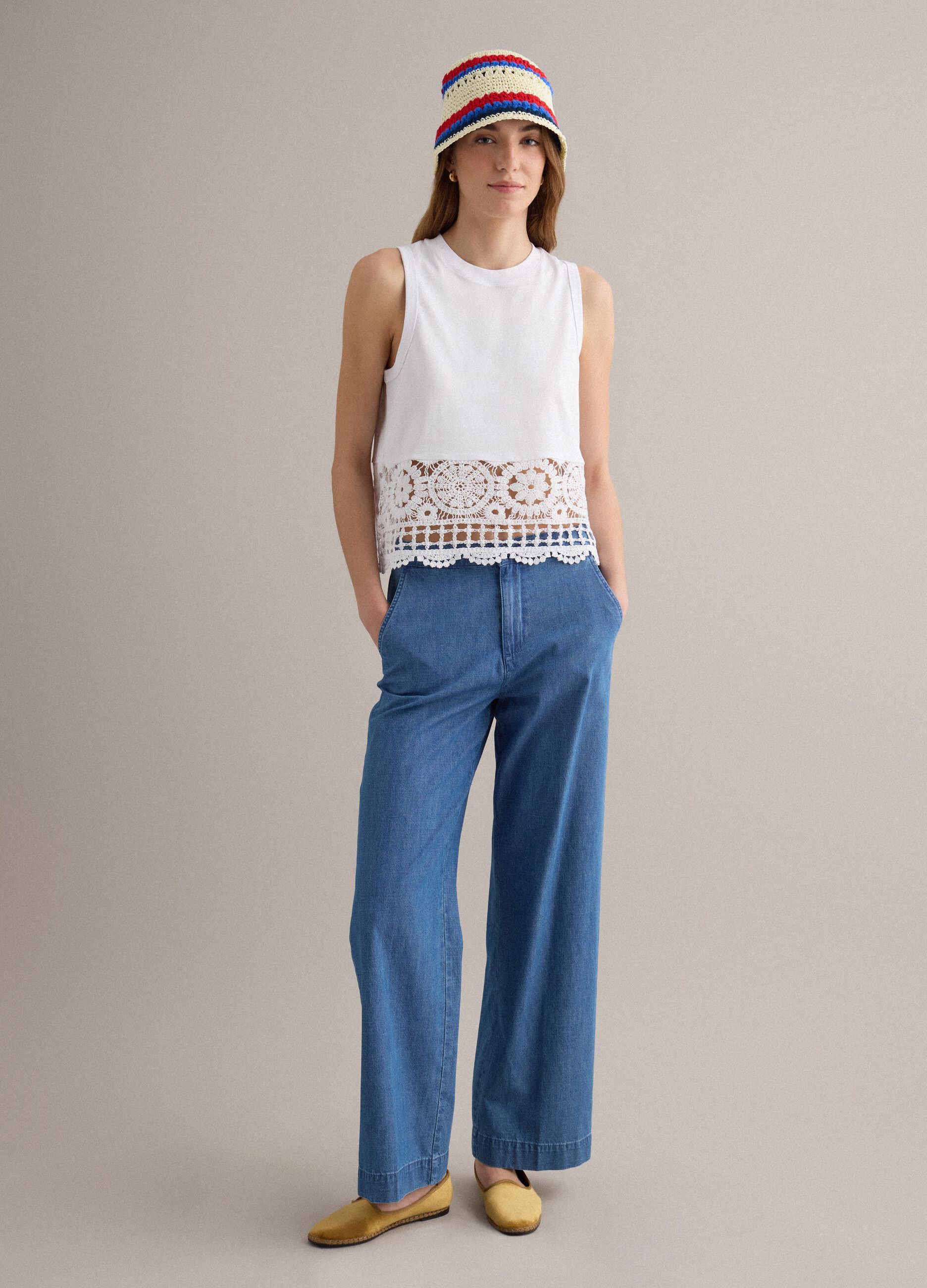 White cotton-blend vest top with lace detailing