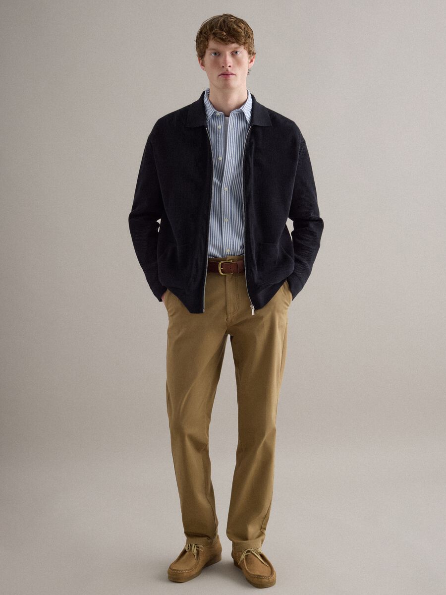 Brown slim fit stretch cotton chino trousers_0