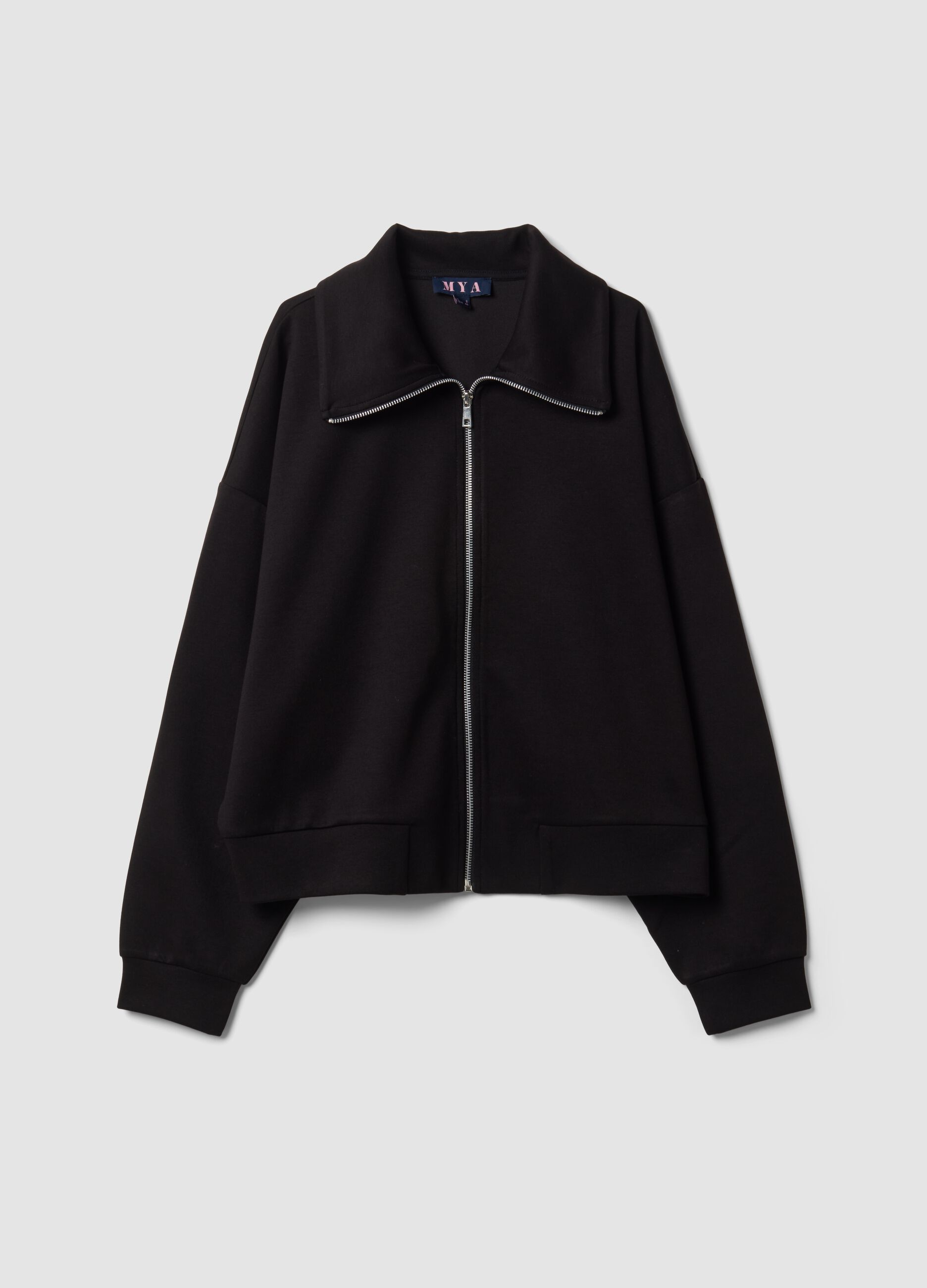Schwarzes Full-Zip-Sweatshirt aus elastischer Viskose mit Kragen