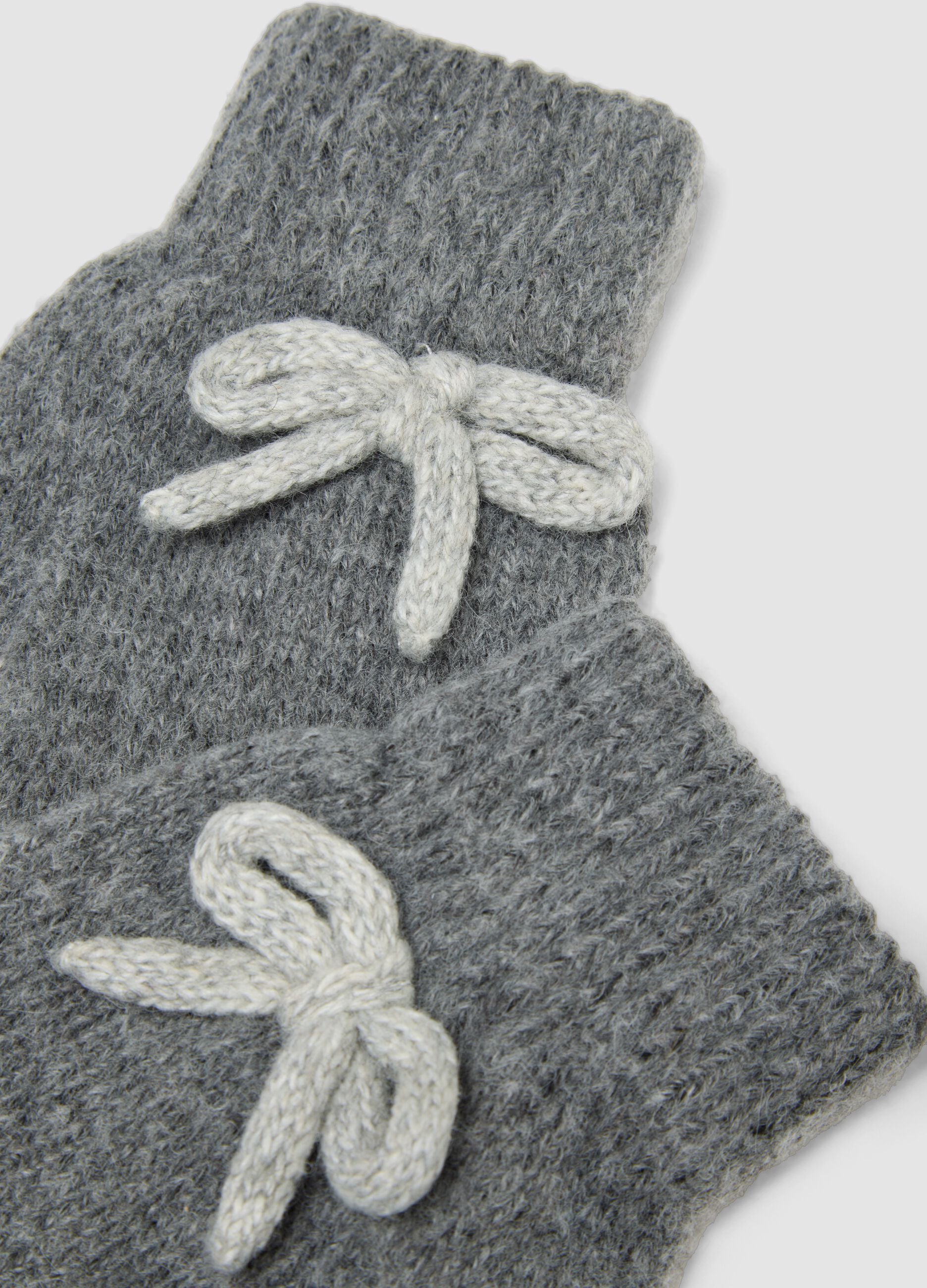 Grey wool-blend gloves with knitted bow detail