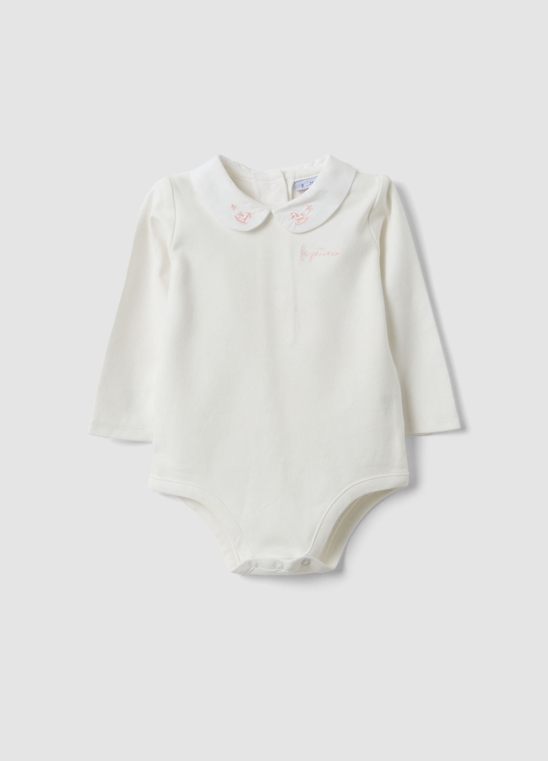 White organic cotton bodysuit with collar for baby girl