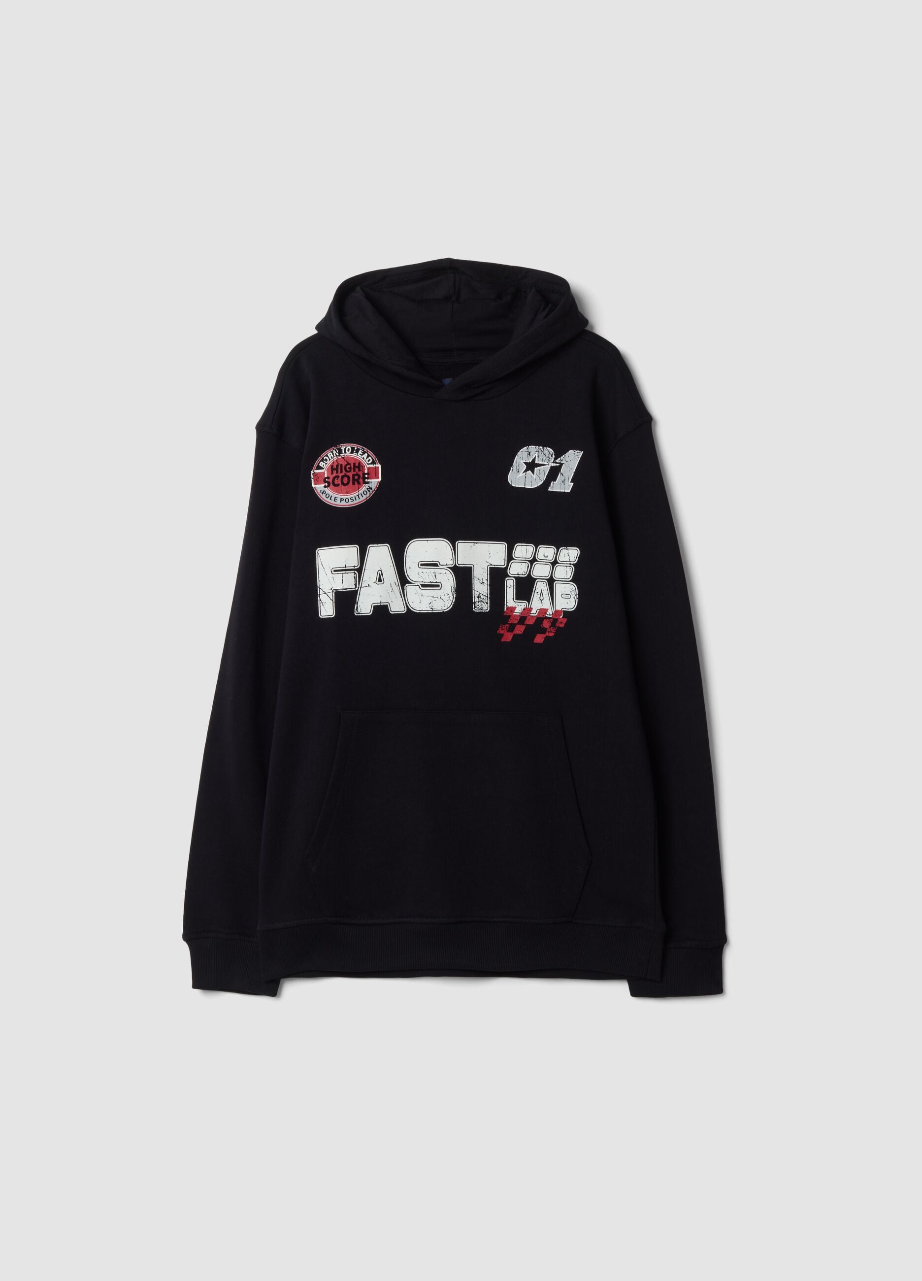 Black organic cotton hoodie with racing prints, relaxed fit