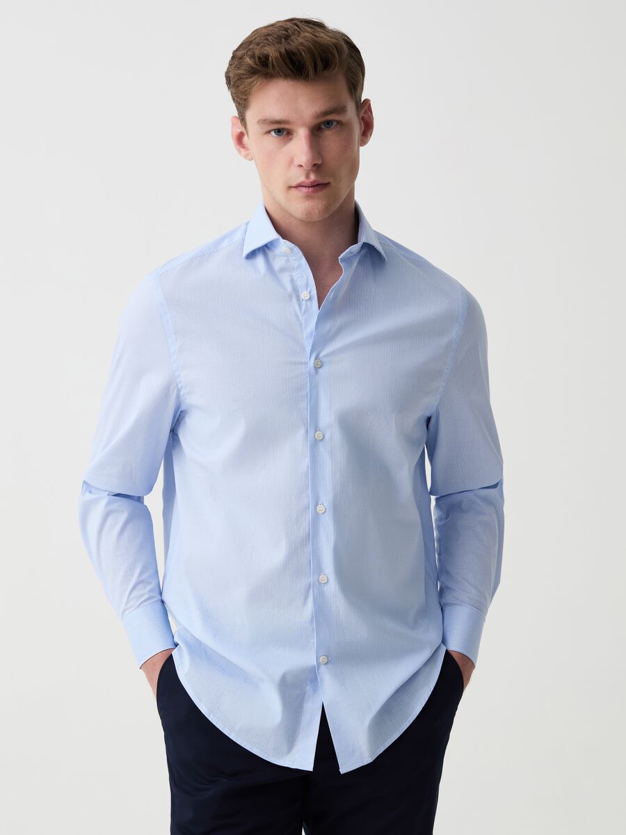 Regular-fit shirt in stretch cotton with slim stripes_0