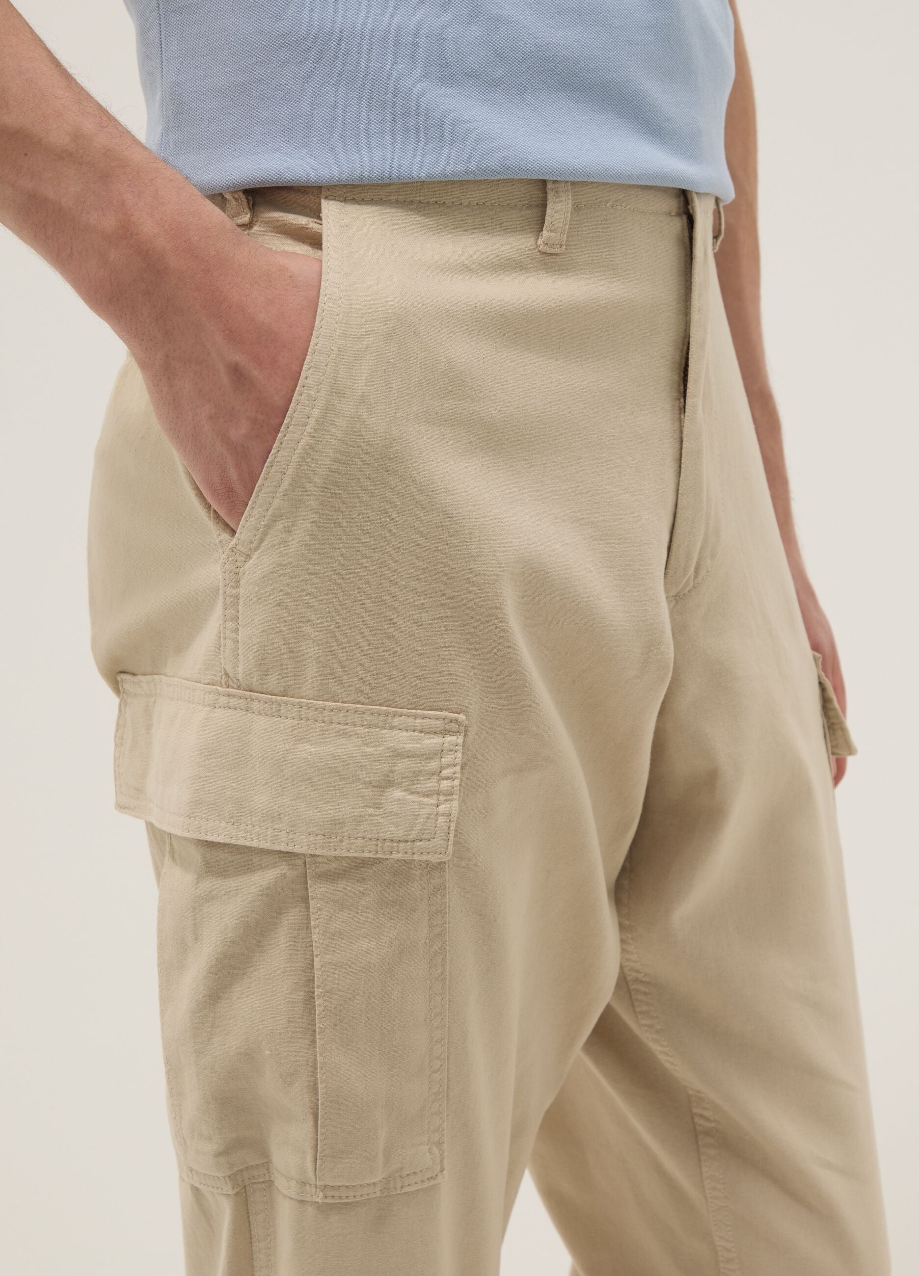 Beige Cargo-Hose in Leinen-Baumwollmix, Regular Fit
