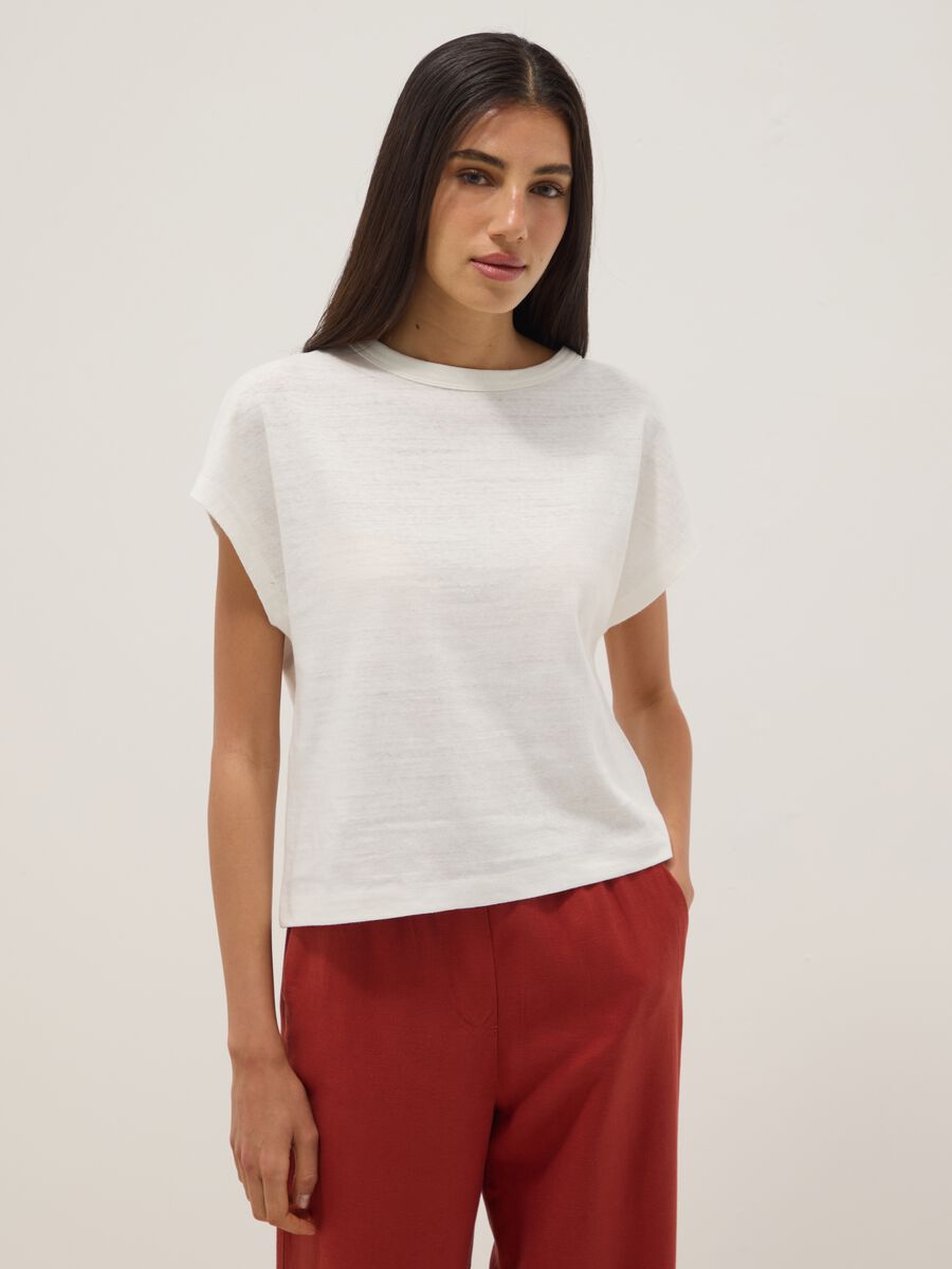 T-shirt a maniche corte in misto cotone e lino bianca regular fit_1