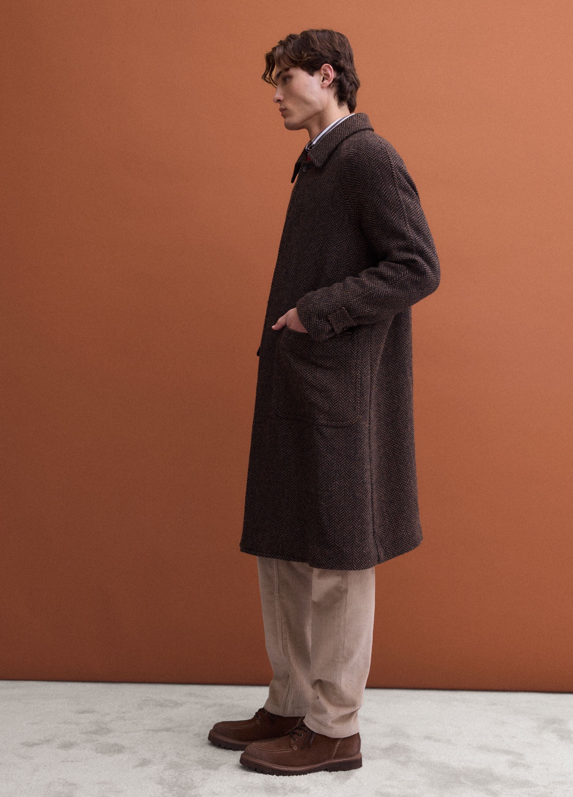 Brown and black wool-blend herringbone overfit coat