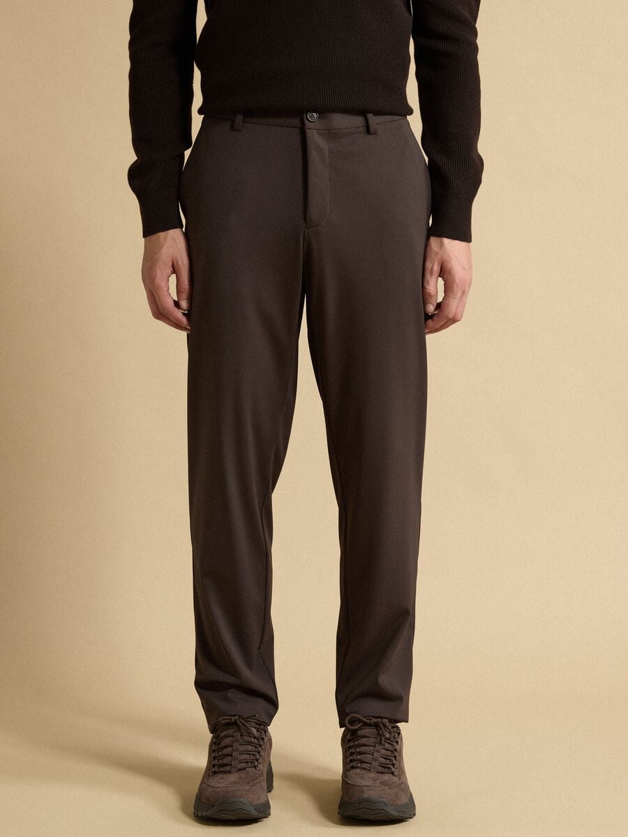 Brown slim-fit formal trousers in 4-way stretch fabric_1