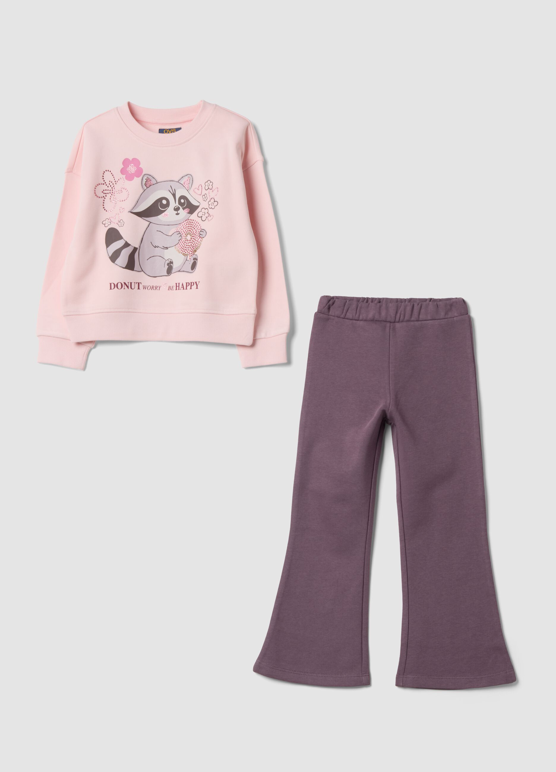 Pink cotton-blend jogging set with crew-neck sweatshirt and animal print