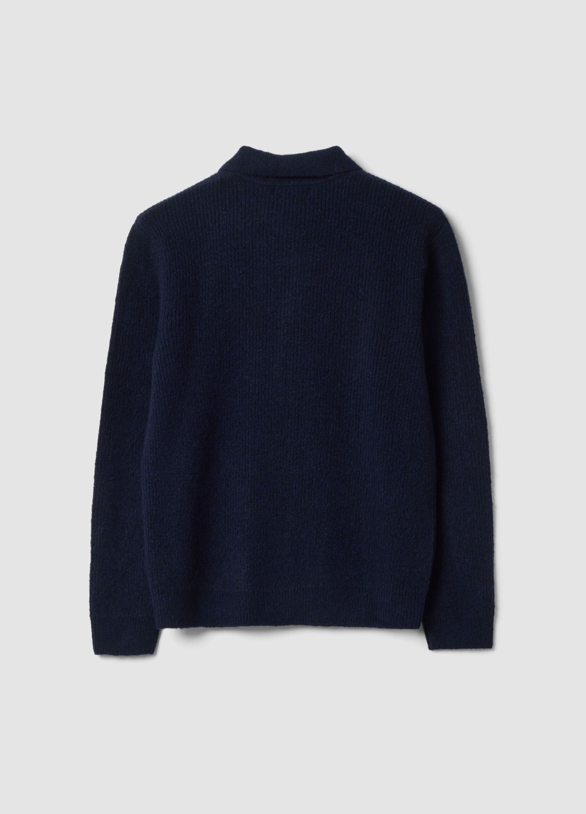 Navy blue stretch wool cardigan with polo collar