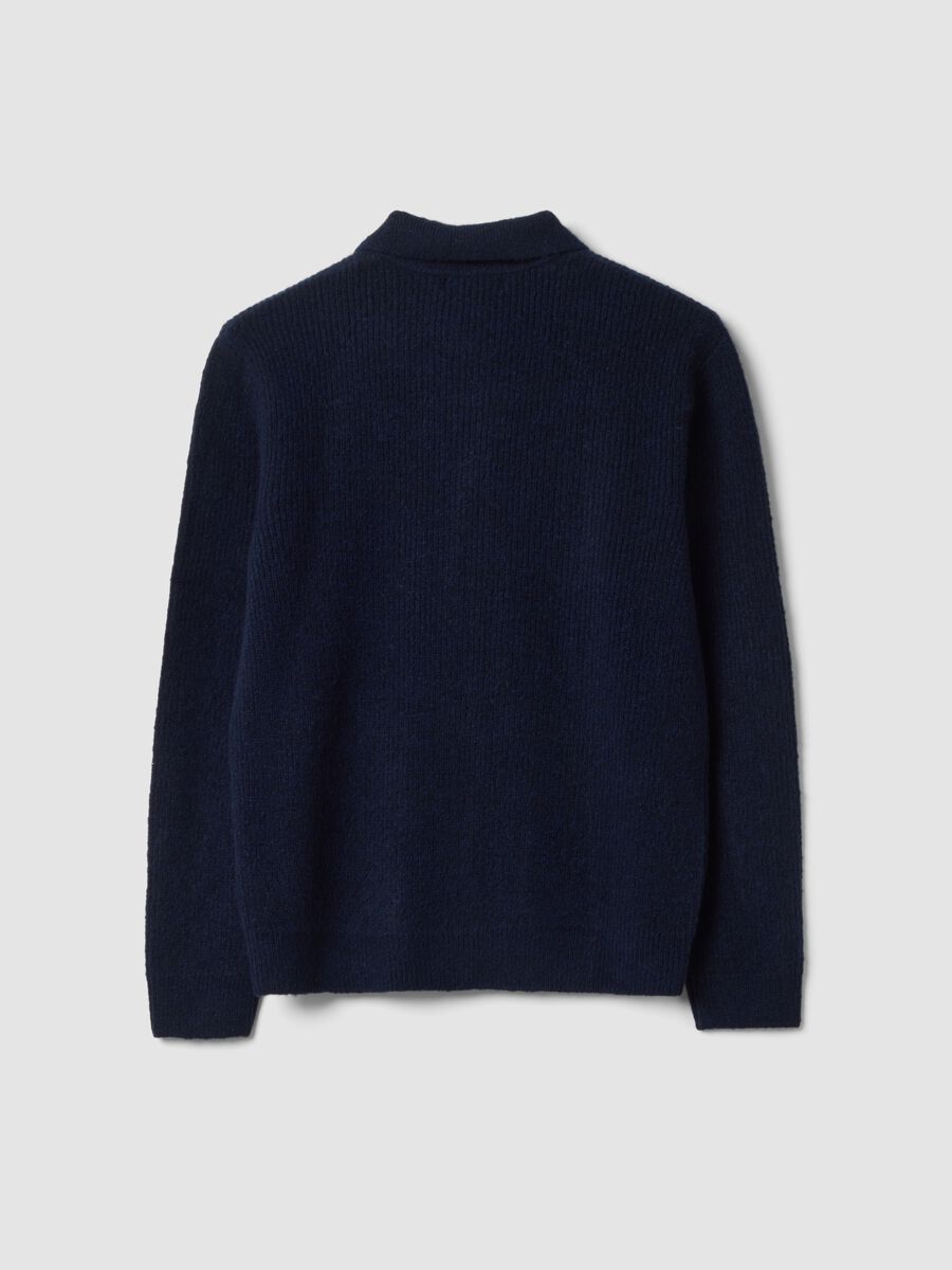 Navy blue stretch wool cardigan with polo collar_2