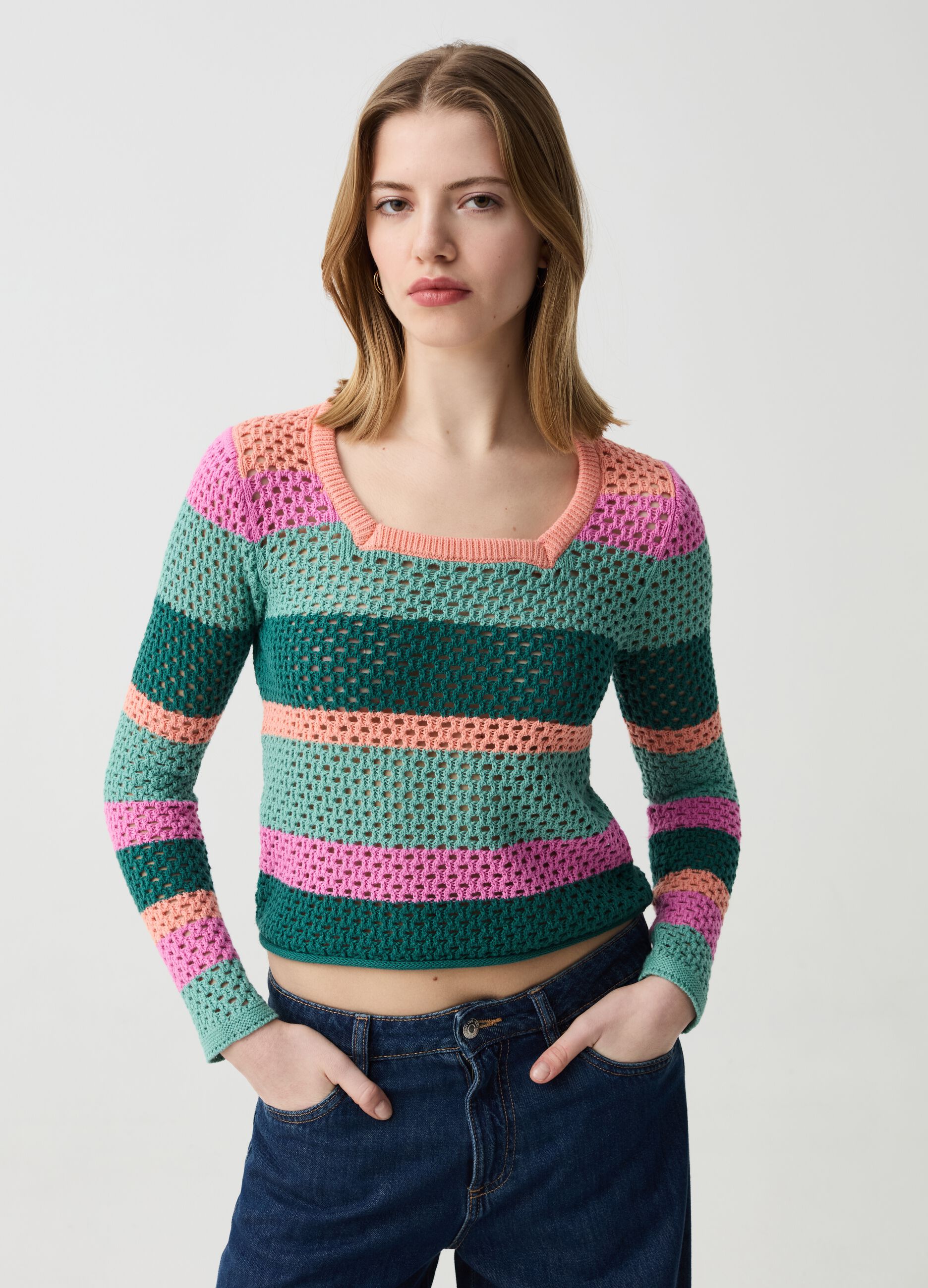 Crochet pullover with multicoloured stripes