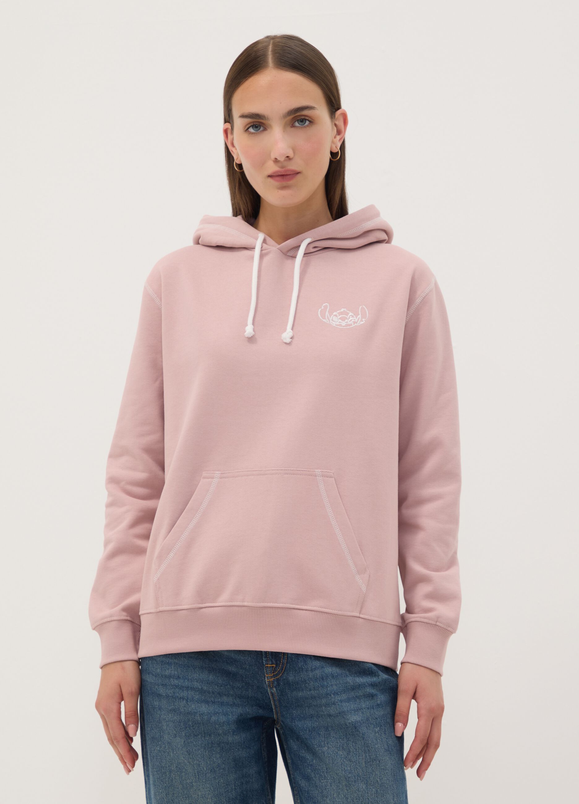 Sweatshirt rosa com capuz em algod&atilde;o puro com estampado Lilo & Stitch