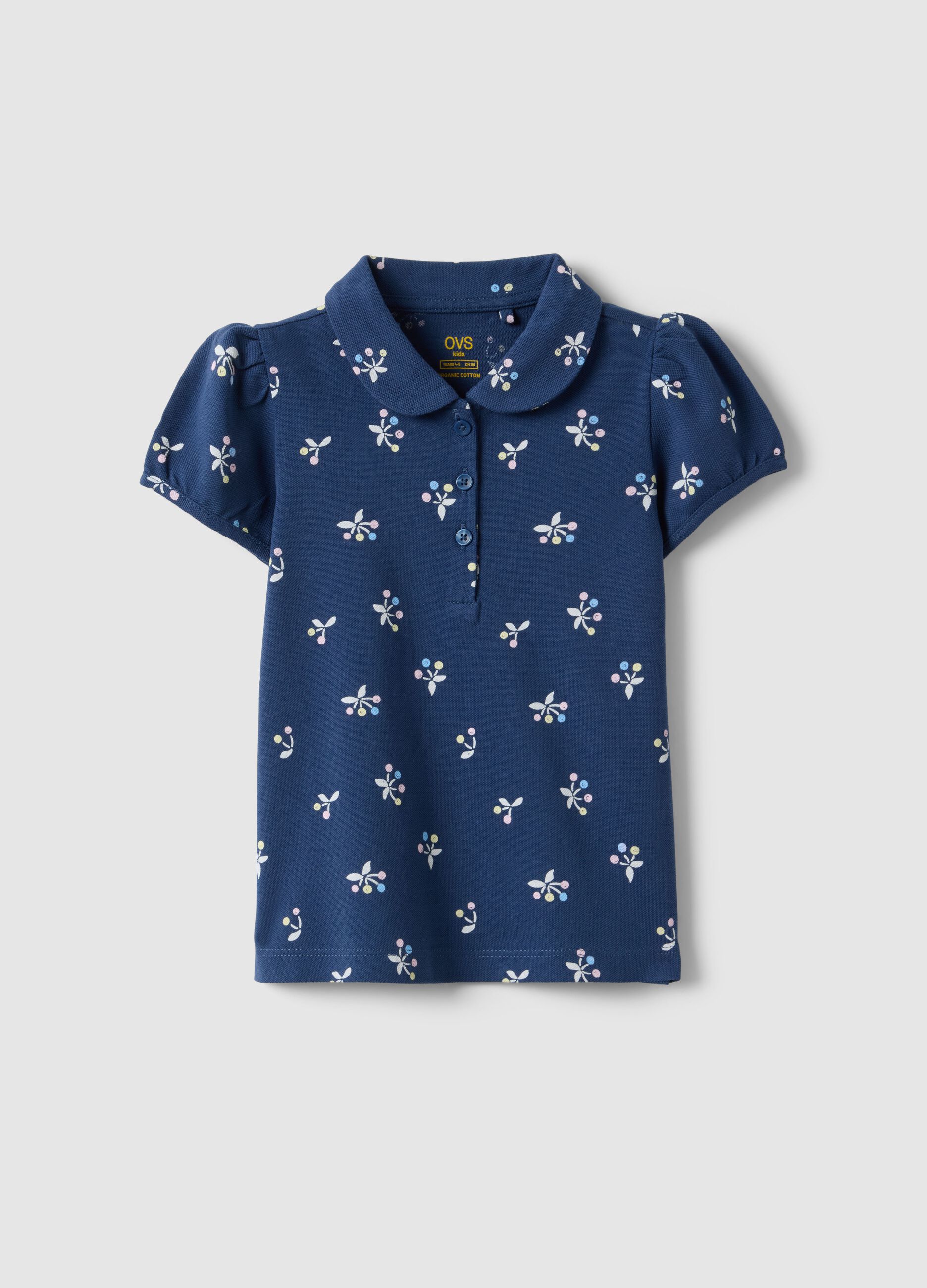 Girls' Regular Fit Blue Pure Cotton Polo with Floral Pattern