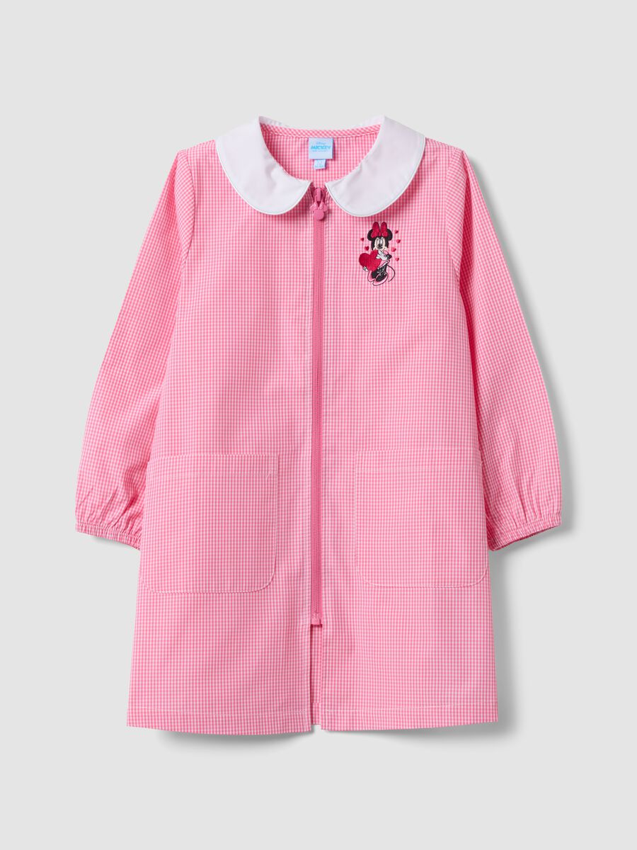 Pink gingham nursery apron with white collar and Minnie embroidery_0