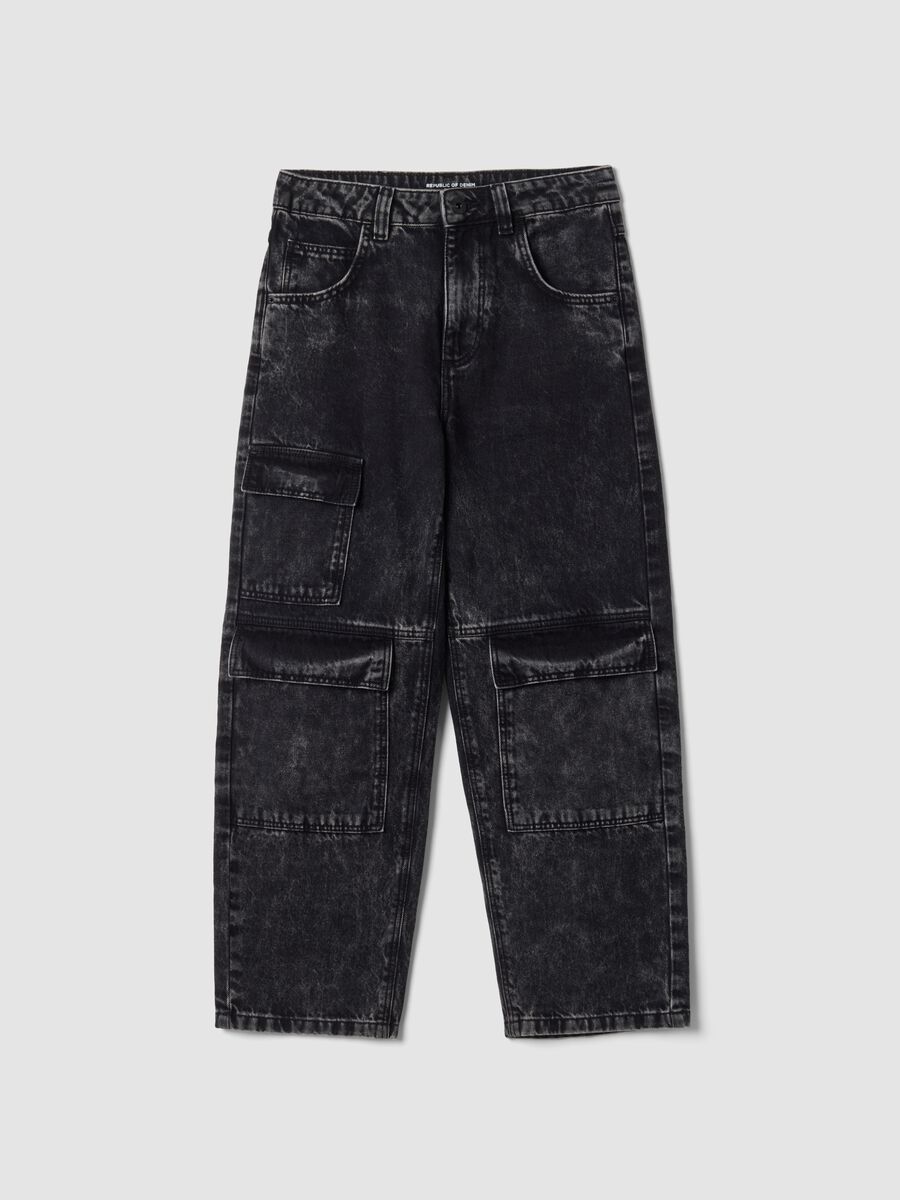 Black pure cotton cargo jeans, skater fit_3