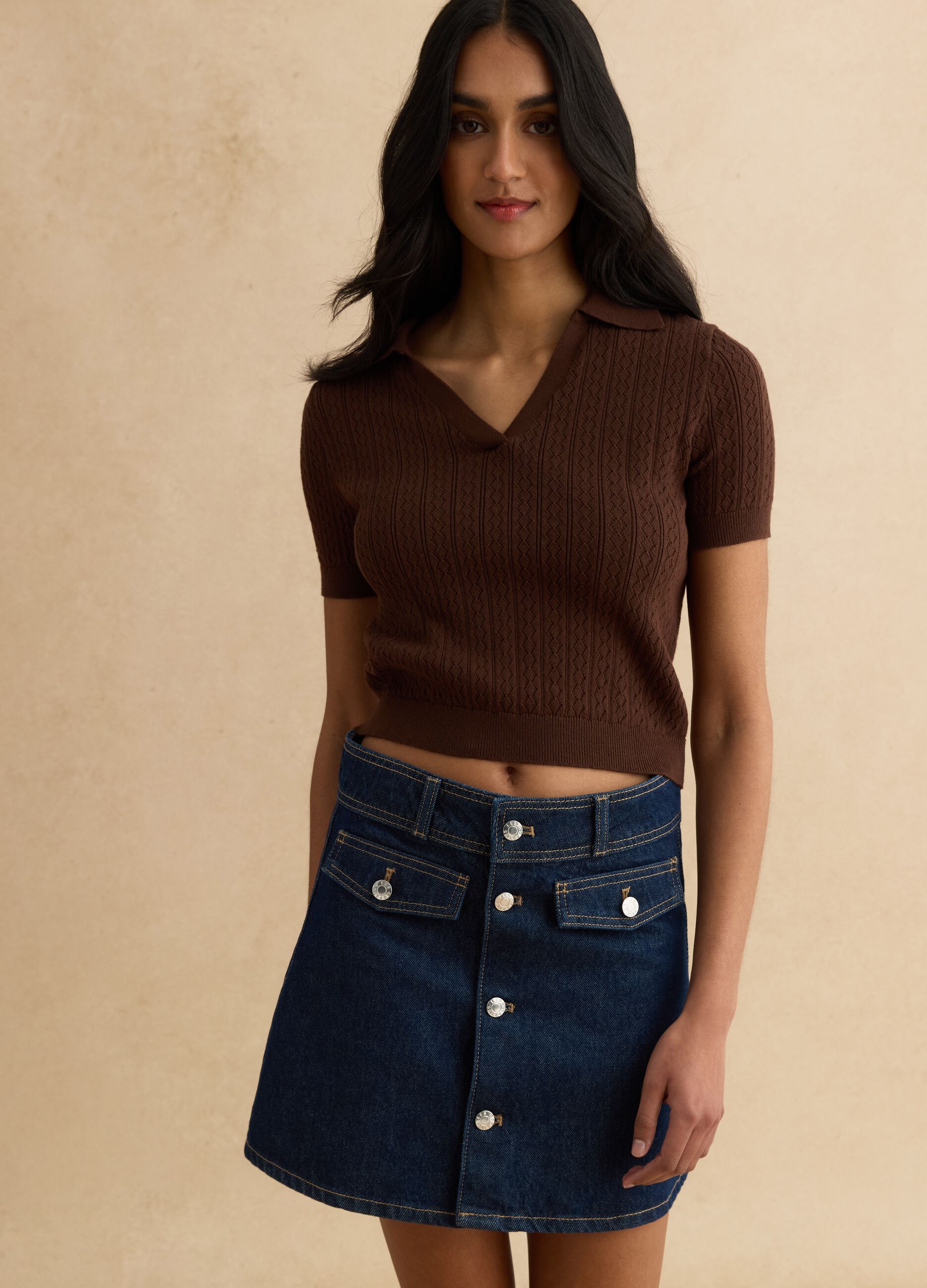 Brown cotton blend regular fit sweater with polo collar