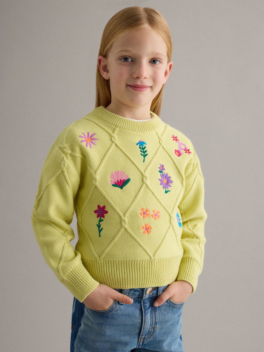 Girls' Yellow Pure Cotton Jumper Regular Fit with Floral Embroidery_0