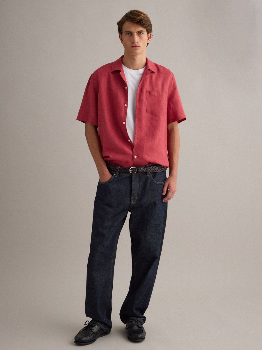 Red shirt with bowling collar in pure linen_1