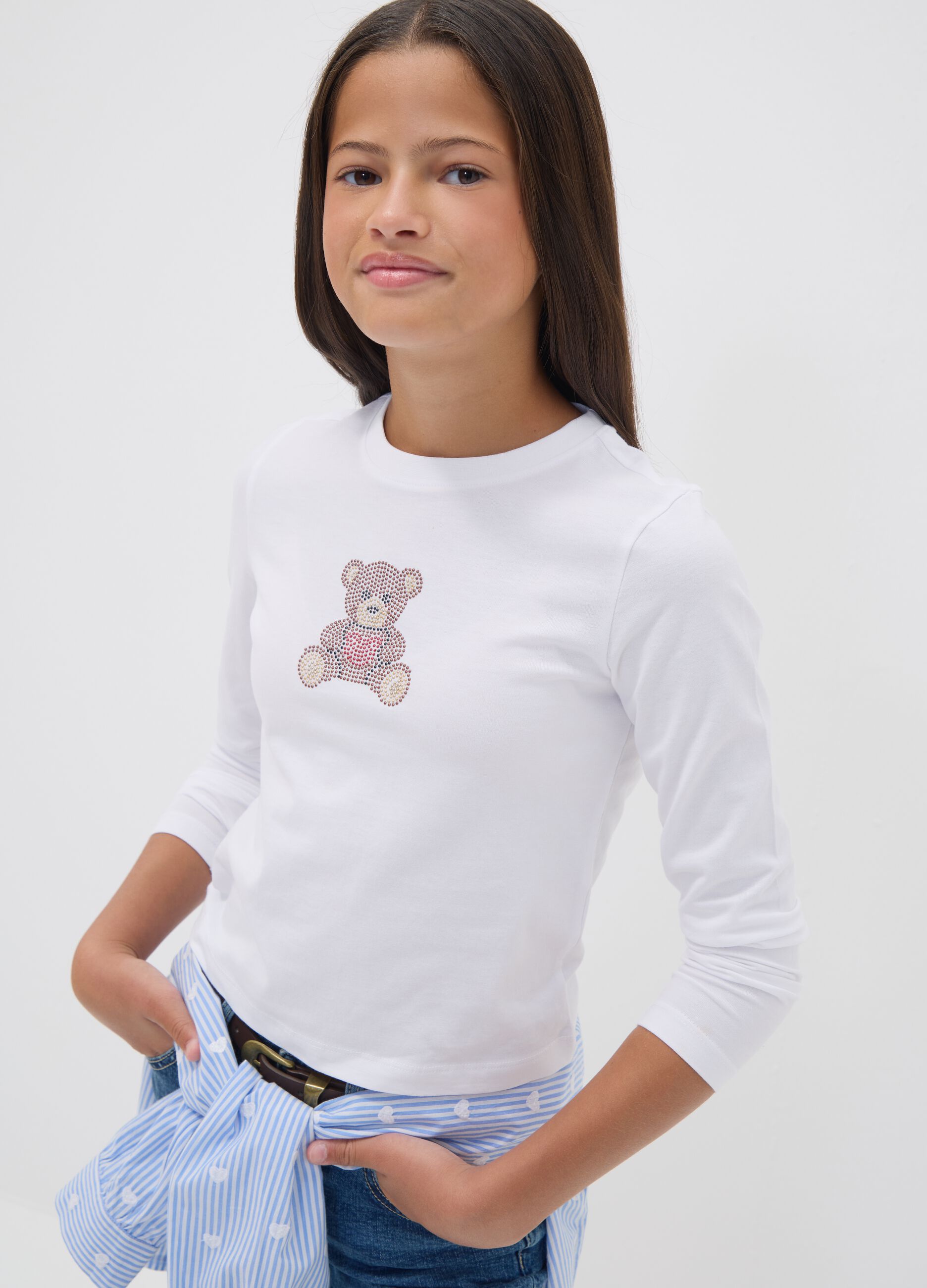 Wei&szlig;es T-Shirt aus reiner Baumwolle mit Rundhalsausschnitt und B&auml;ren-Print f&uuml;r M&auml;dchen