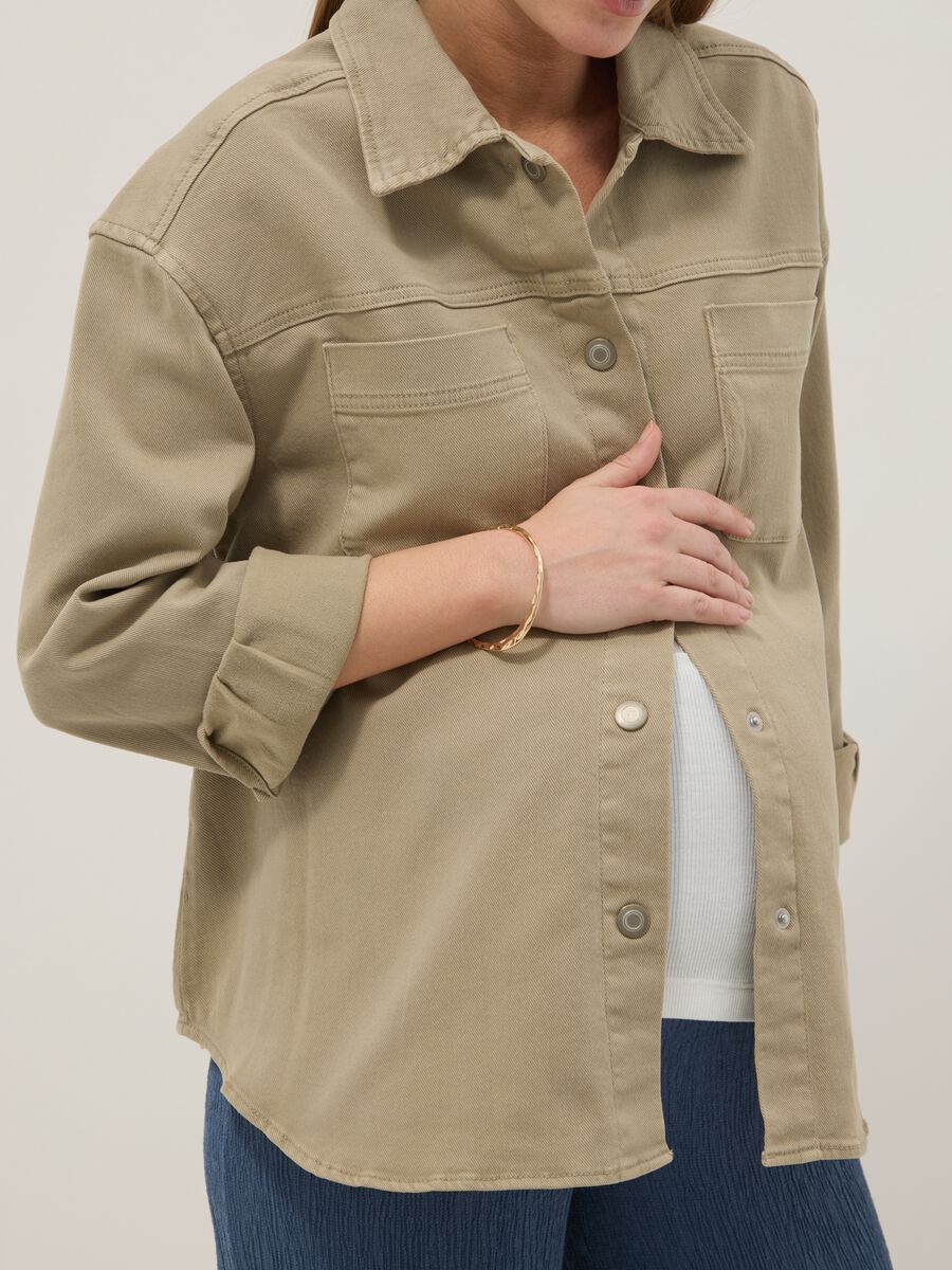 Beige Oversized Fit Stretch Cotton Maternity Shirt_3