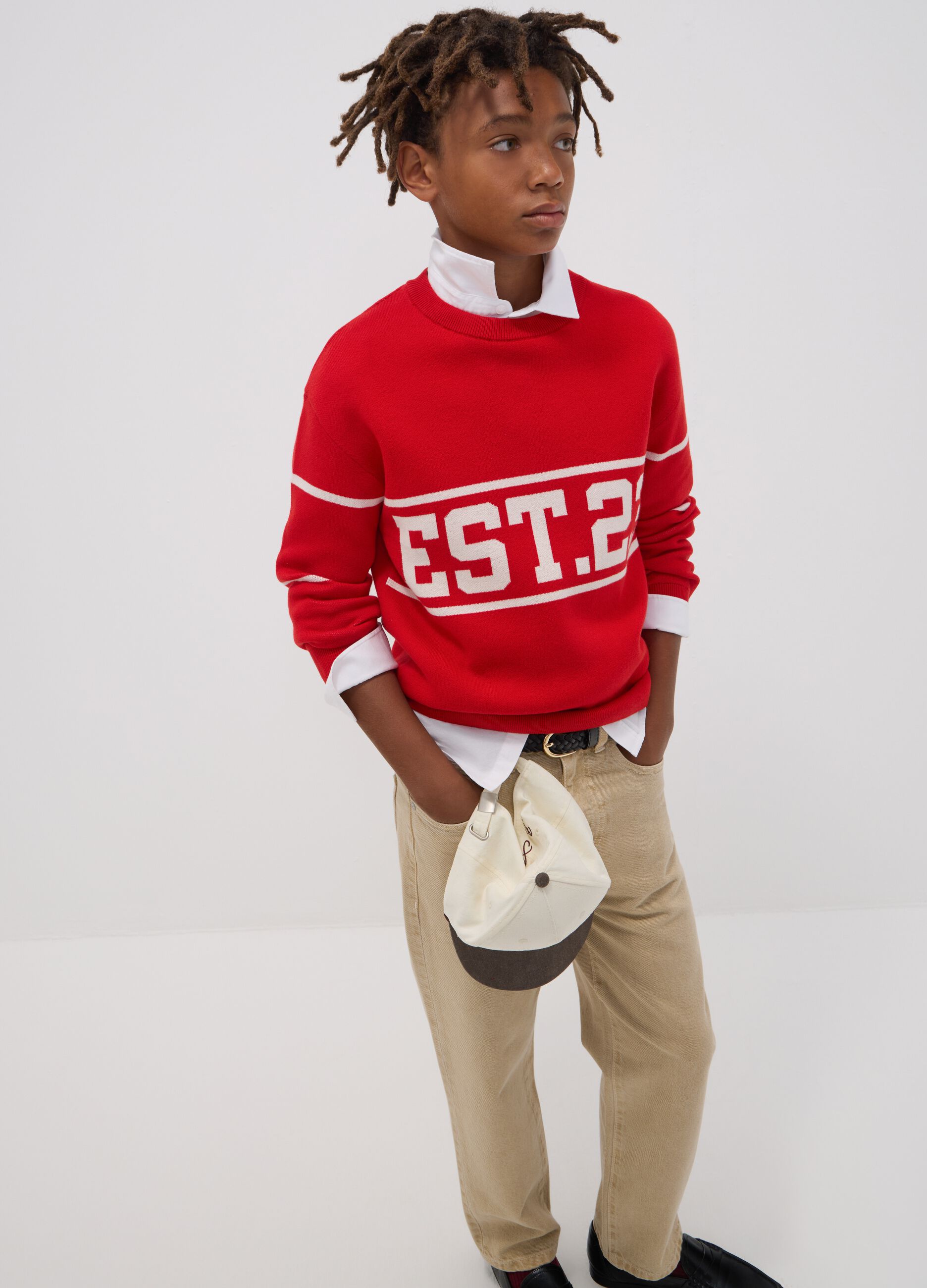 Maglione rosso in misto cotone jacquard girocollo