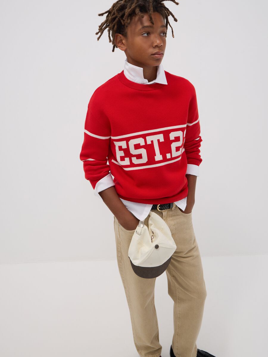Maglione rosso in misto cotone jacquard girocollo_1
