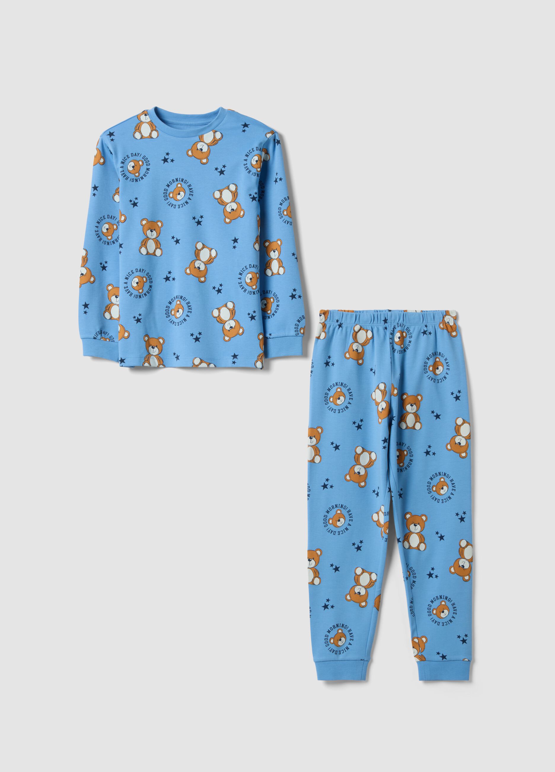 Light blue pure organic cotton pyjamas with teddy bear print