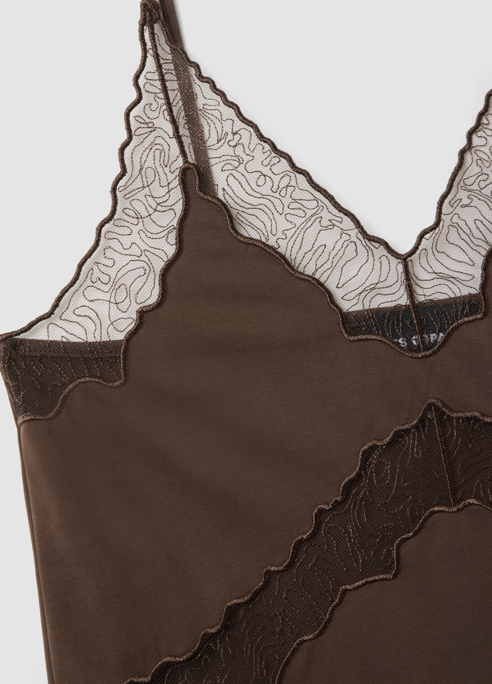 Braunes Tanktop aus Viskosemischung im Regular Fit mit transparenten Details