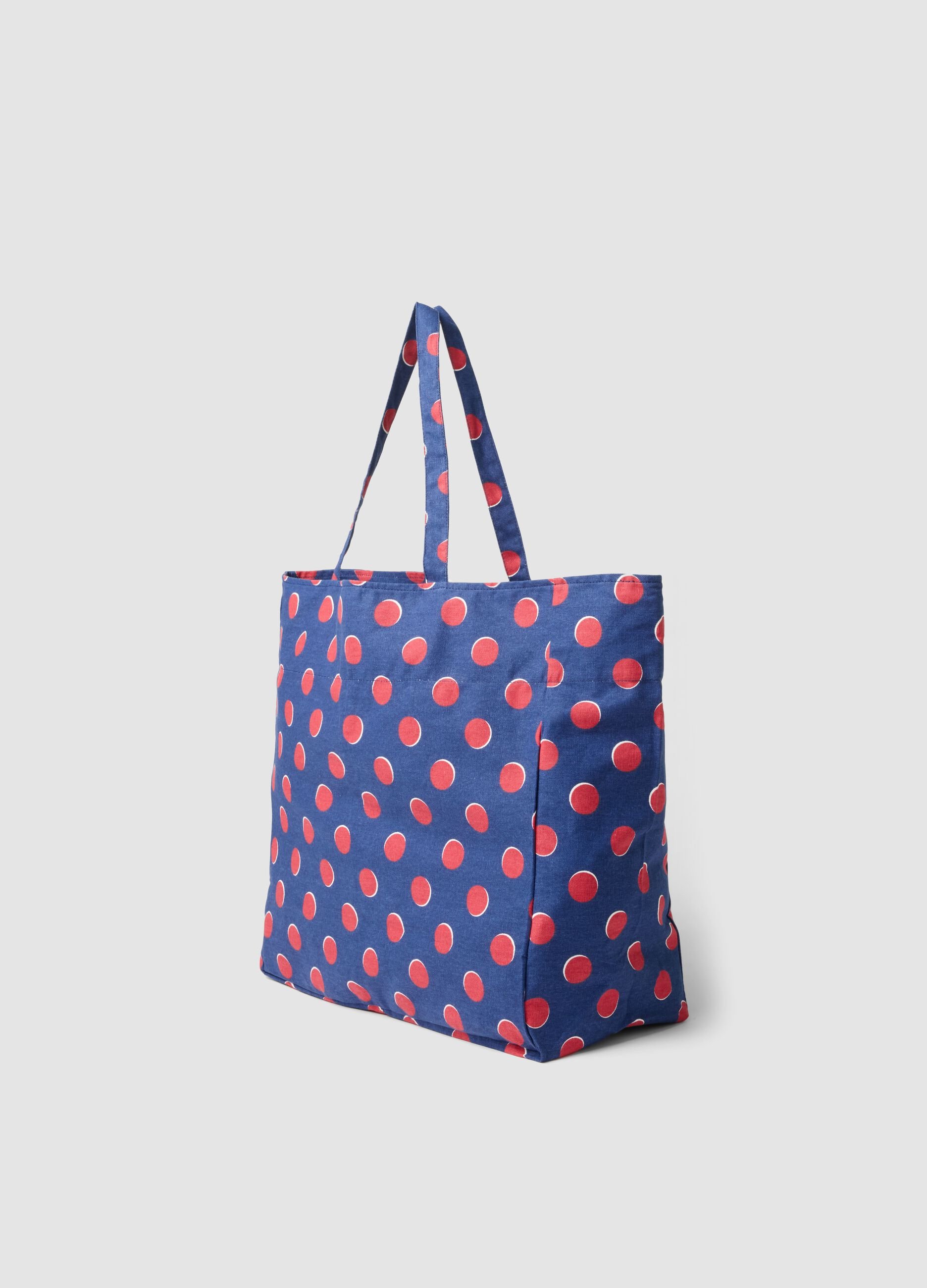 Blue pure cotton beach bag with red polka dots