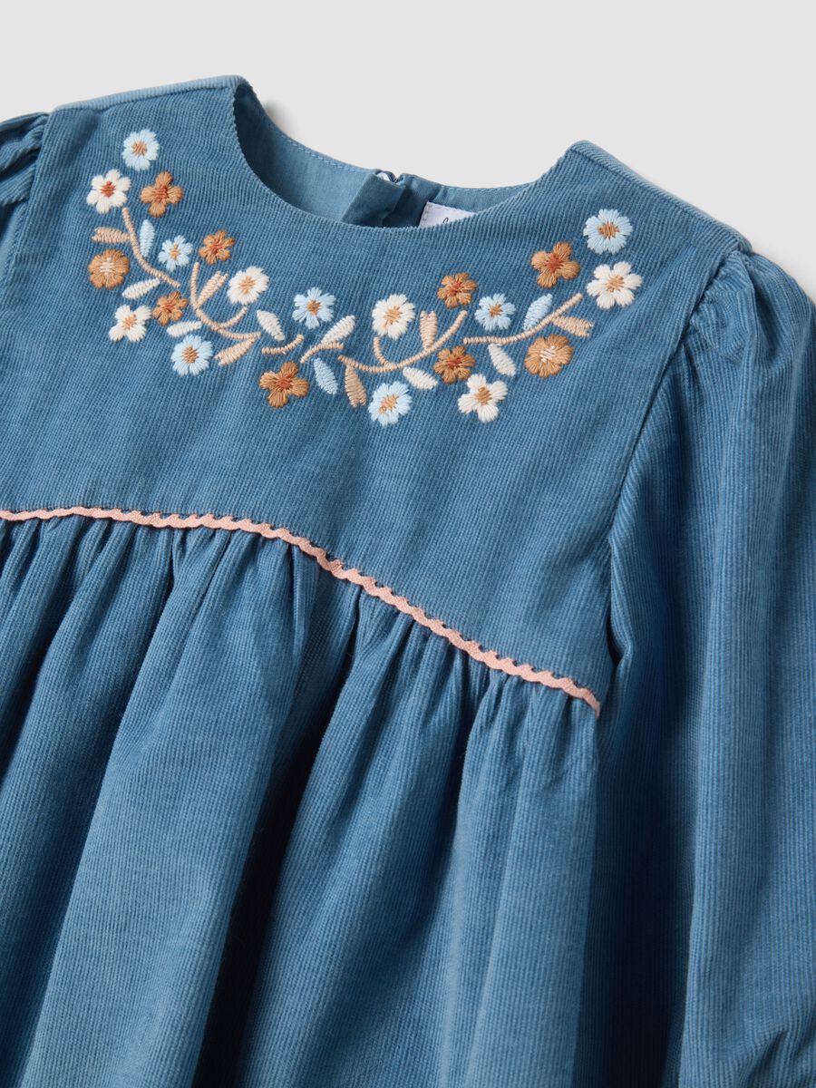 Blue pure cotton dress with floral embroidery and crew neck, oversized fit_2