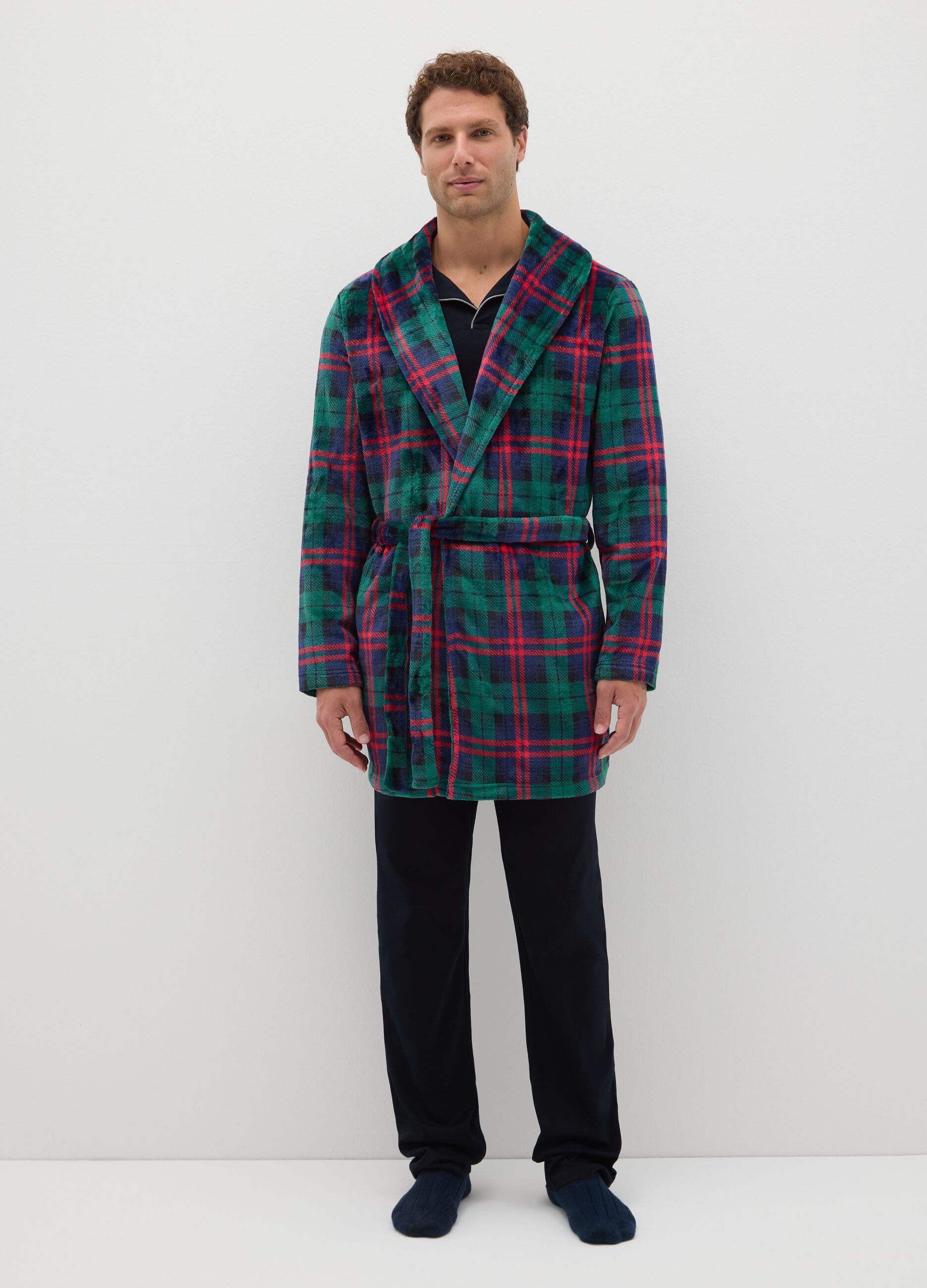 Multicolour checked coral fleece dressing gown with belt