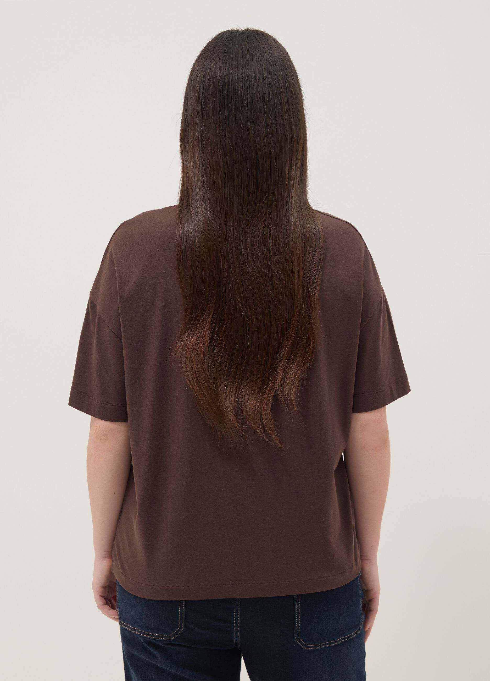 Brown stretch cotton and modal T-shirt