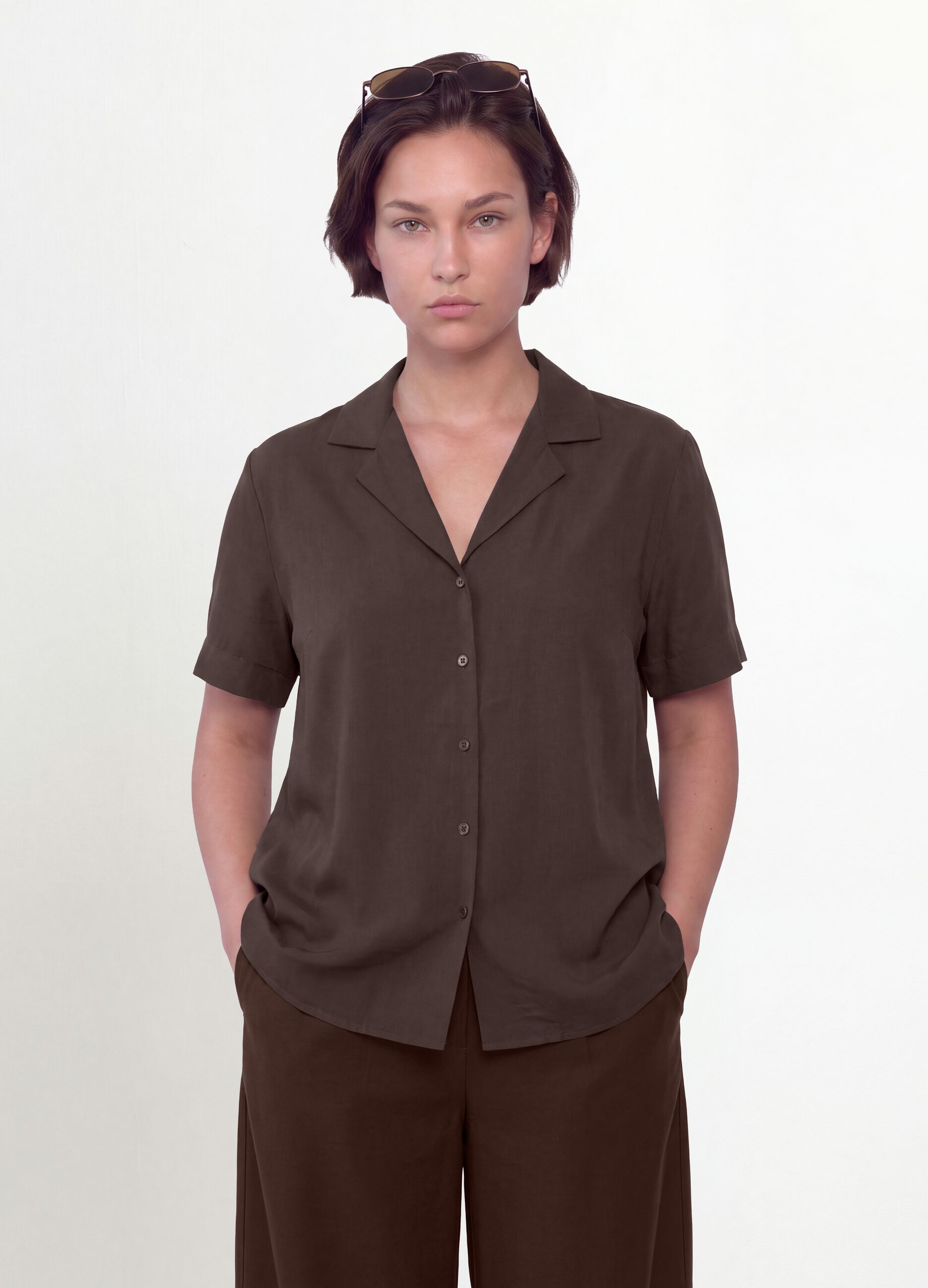 Brown oversized short-sleeve viscose-blend shirt