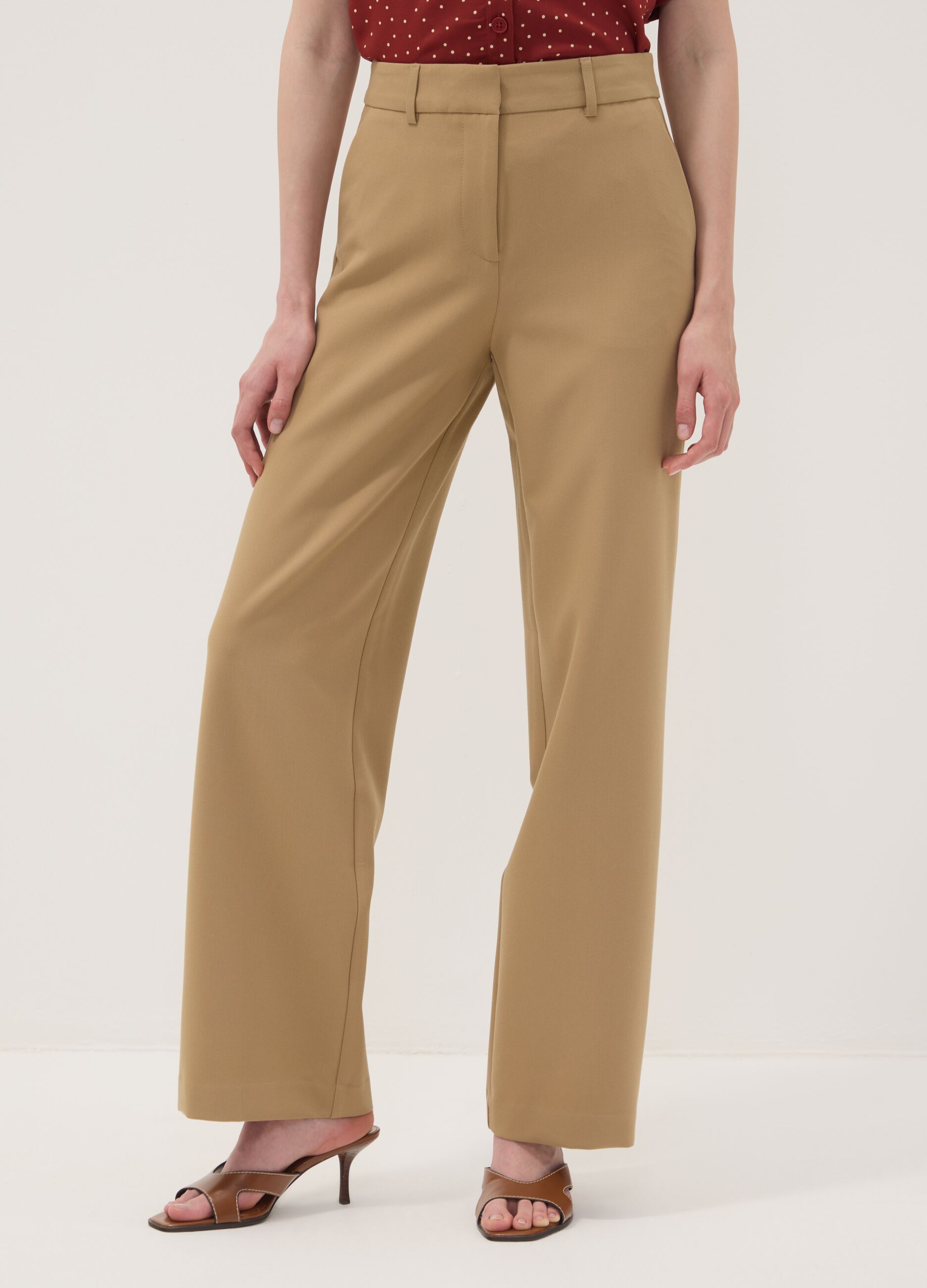Beige straight-leg stretch viscose trousers