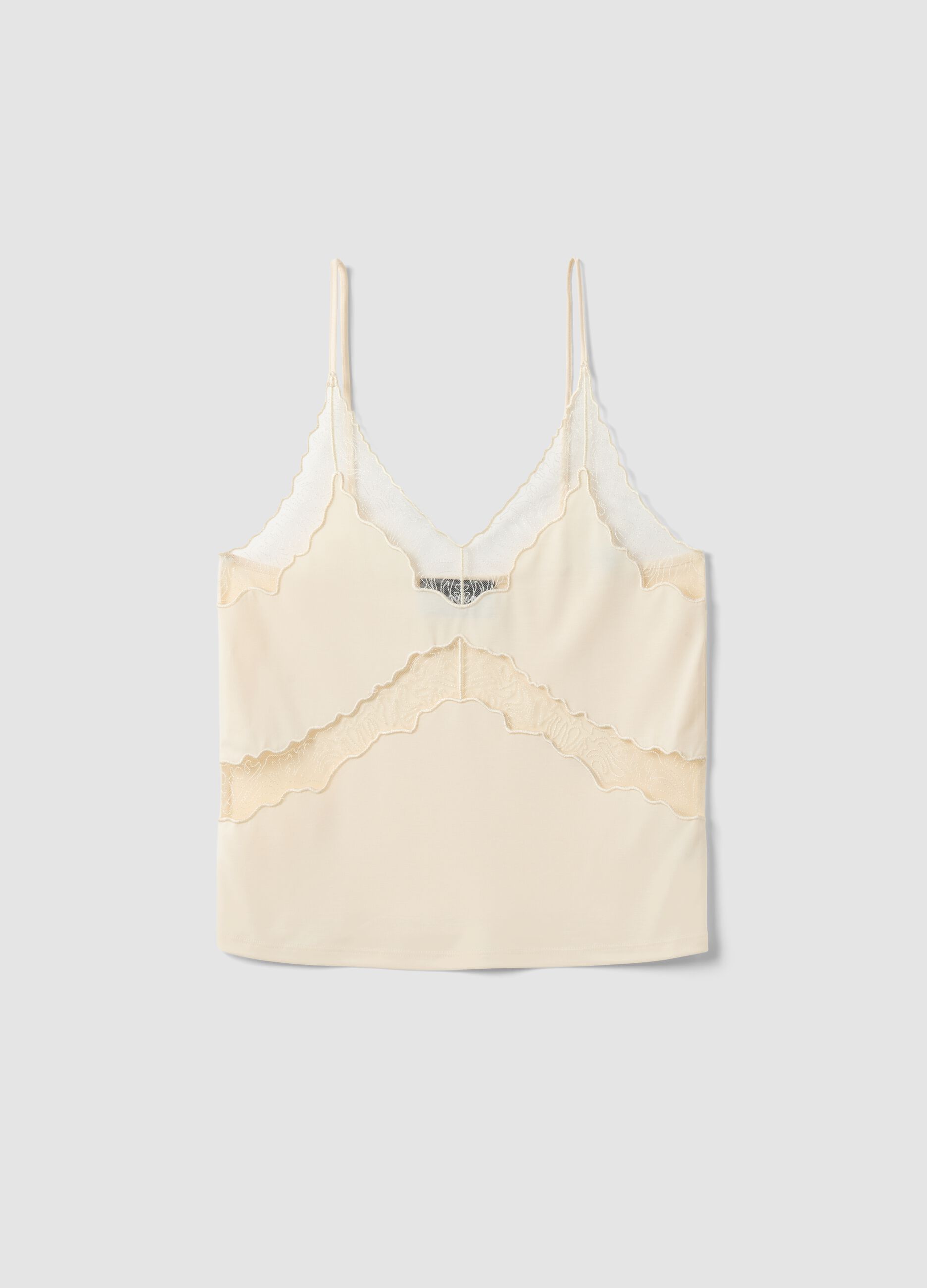 Beiges Tanktop aus Viskose-Mischung, Regular Fit, mit transparenten Details