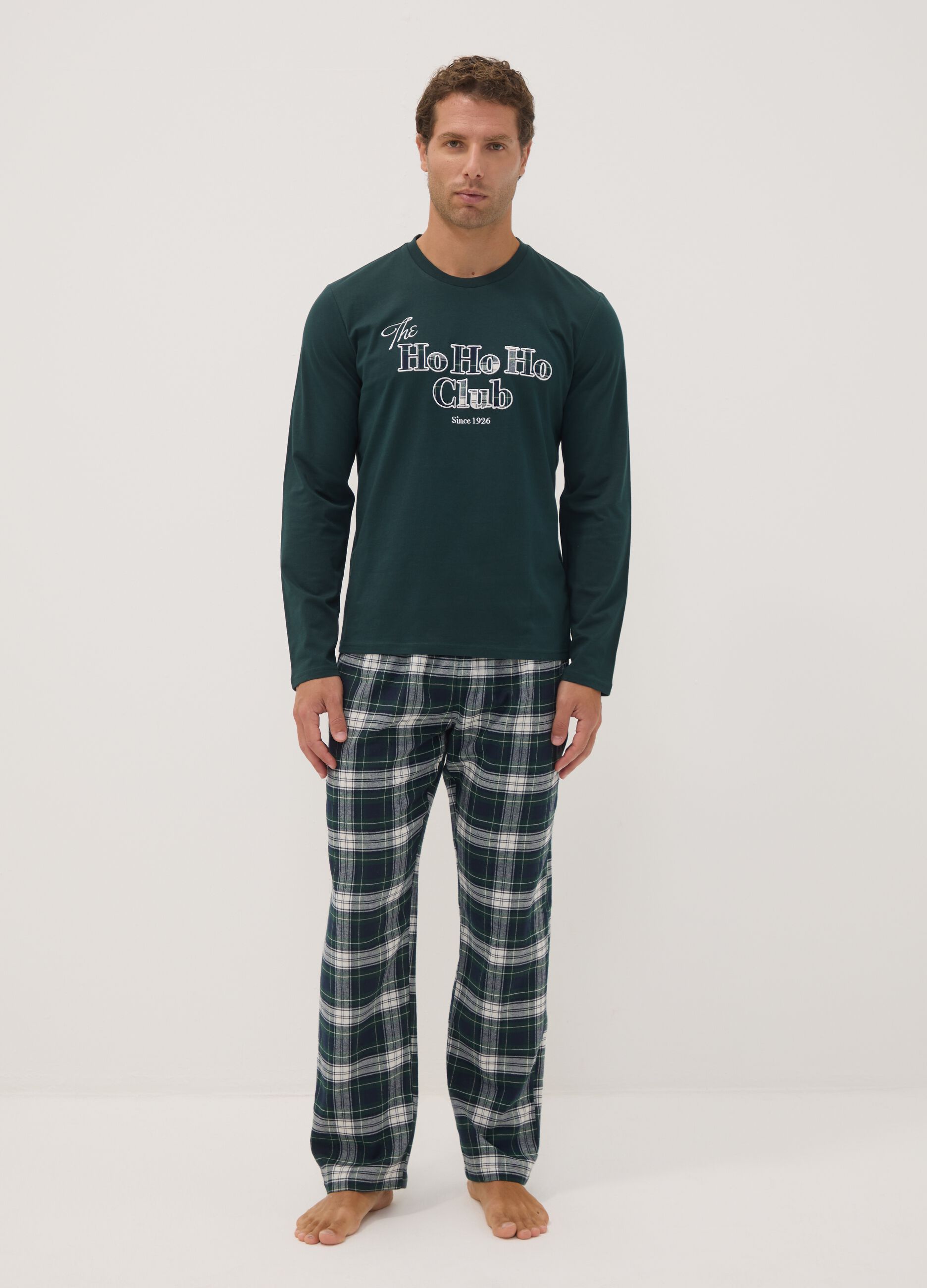 Dark green pure cotton crew-neck pyjamas