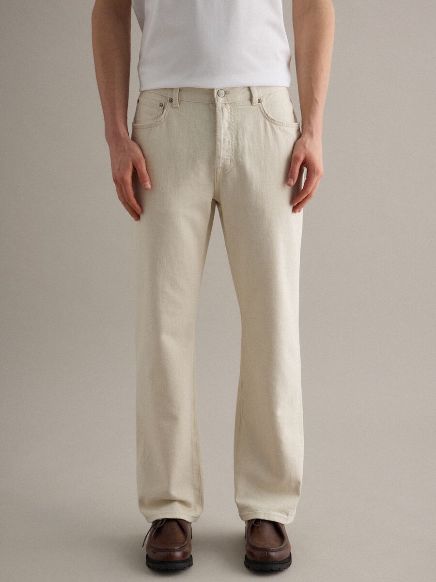Beige regular fit cotton-linen blend jeans_1