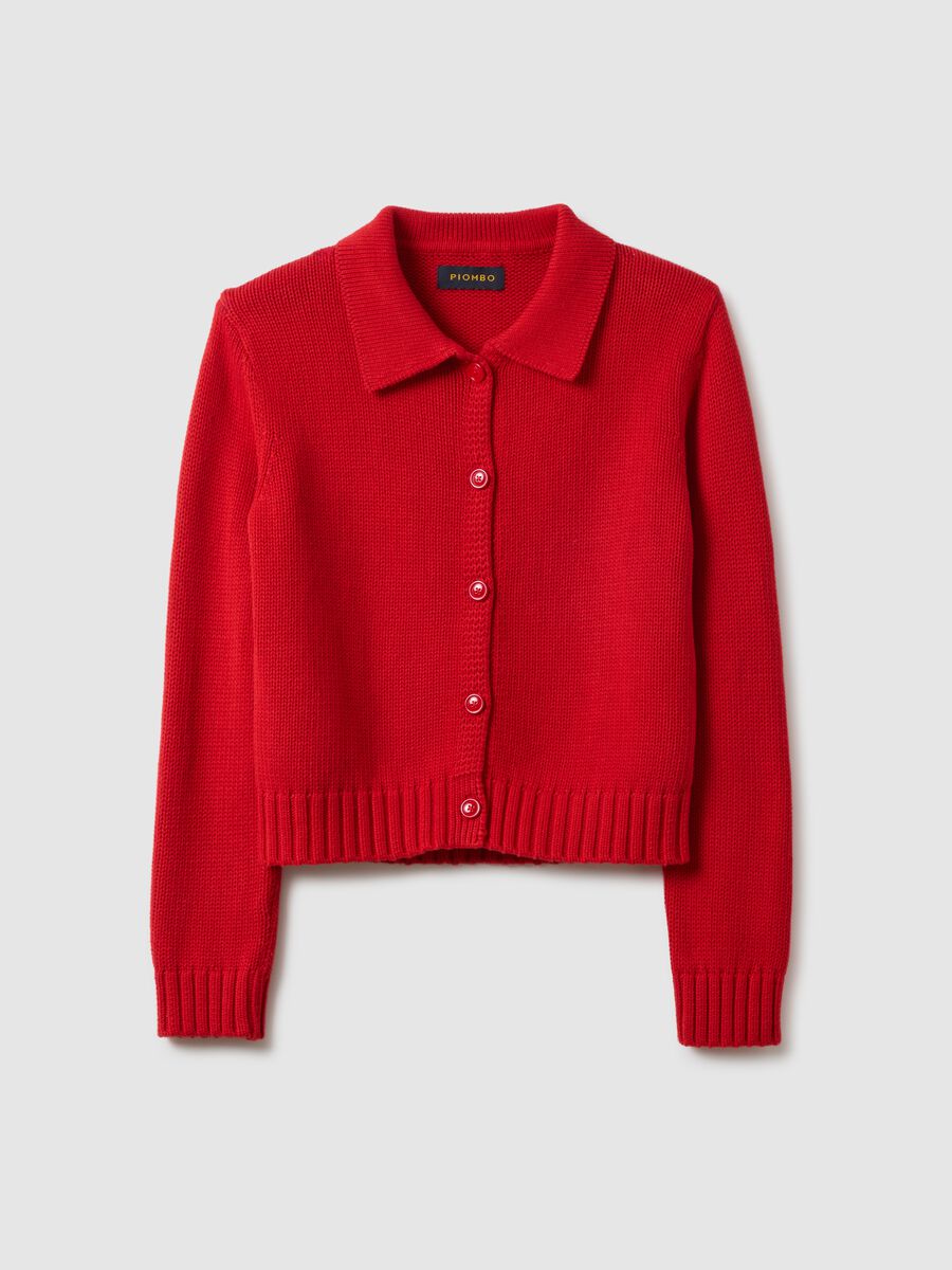 Regular Fit Red Cotton Cardigan with Polo Collar_5
