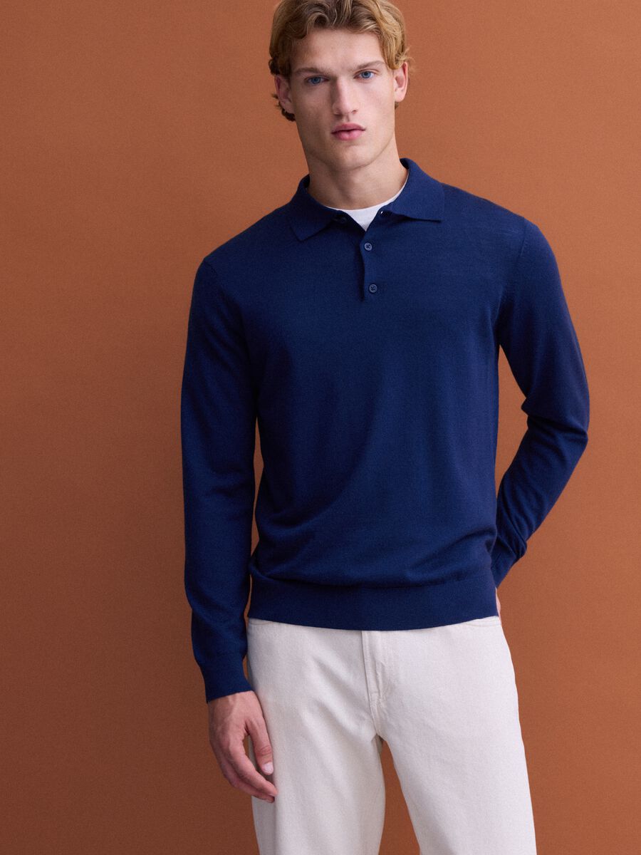 Blue pure merino wool polo jumper with polo collar_0