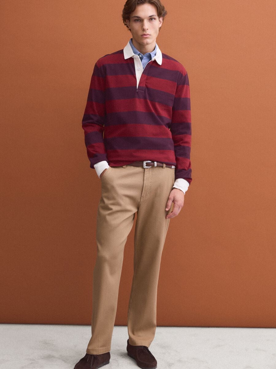 Red pure cotton striped long-sleeve rugby polo, regular fit_1