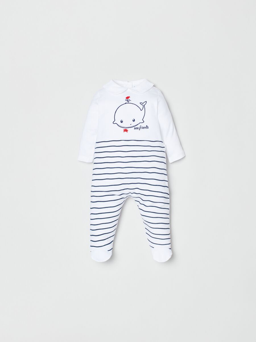 Onesie with feet and embroidered whale_0