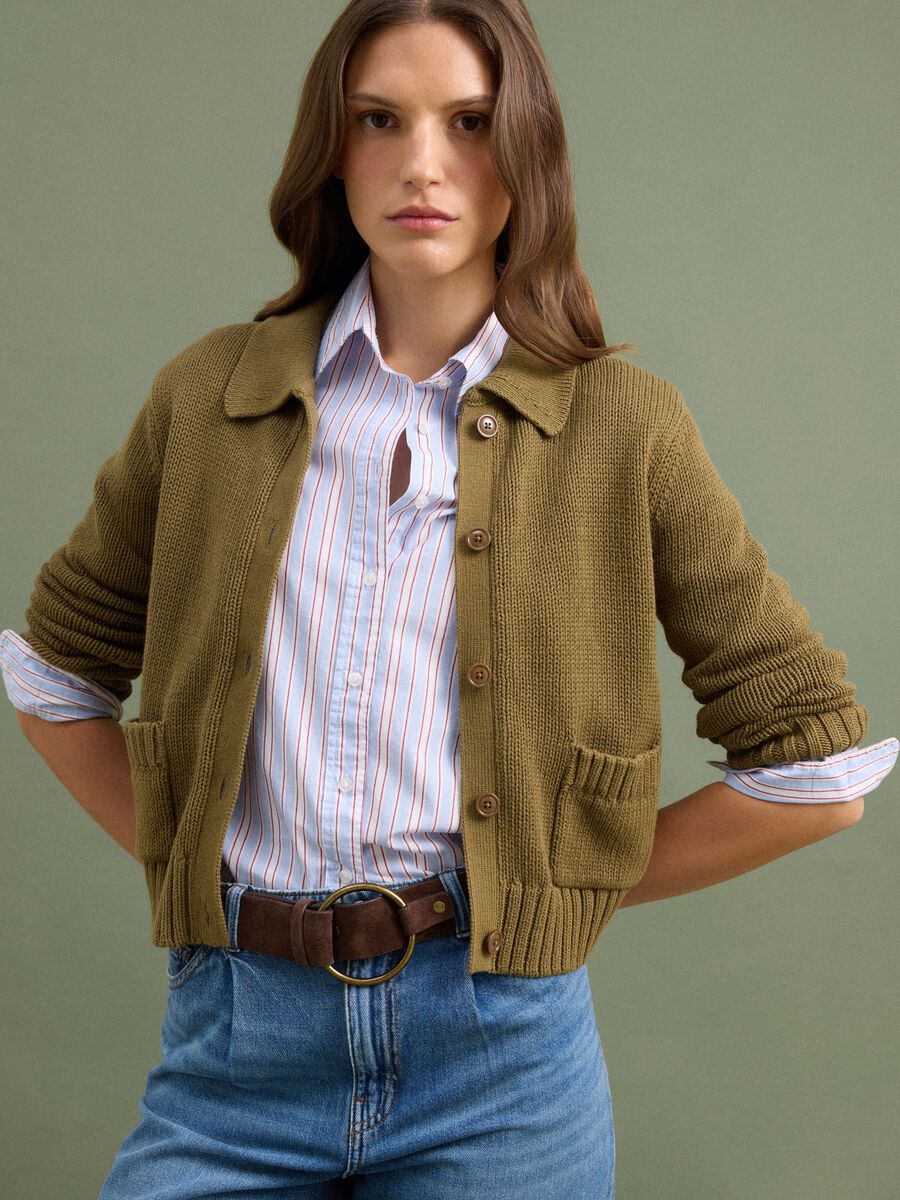 Cardigan verde in puro cotone con bottoni regular fit_0