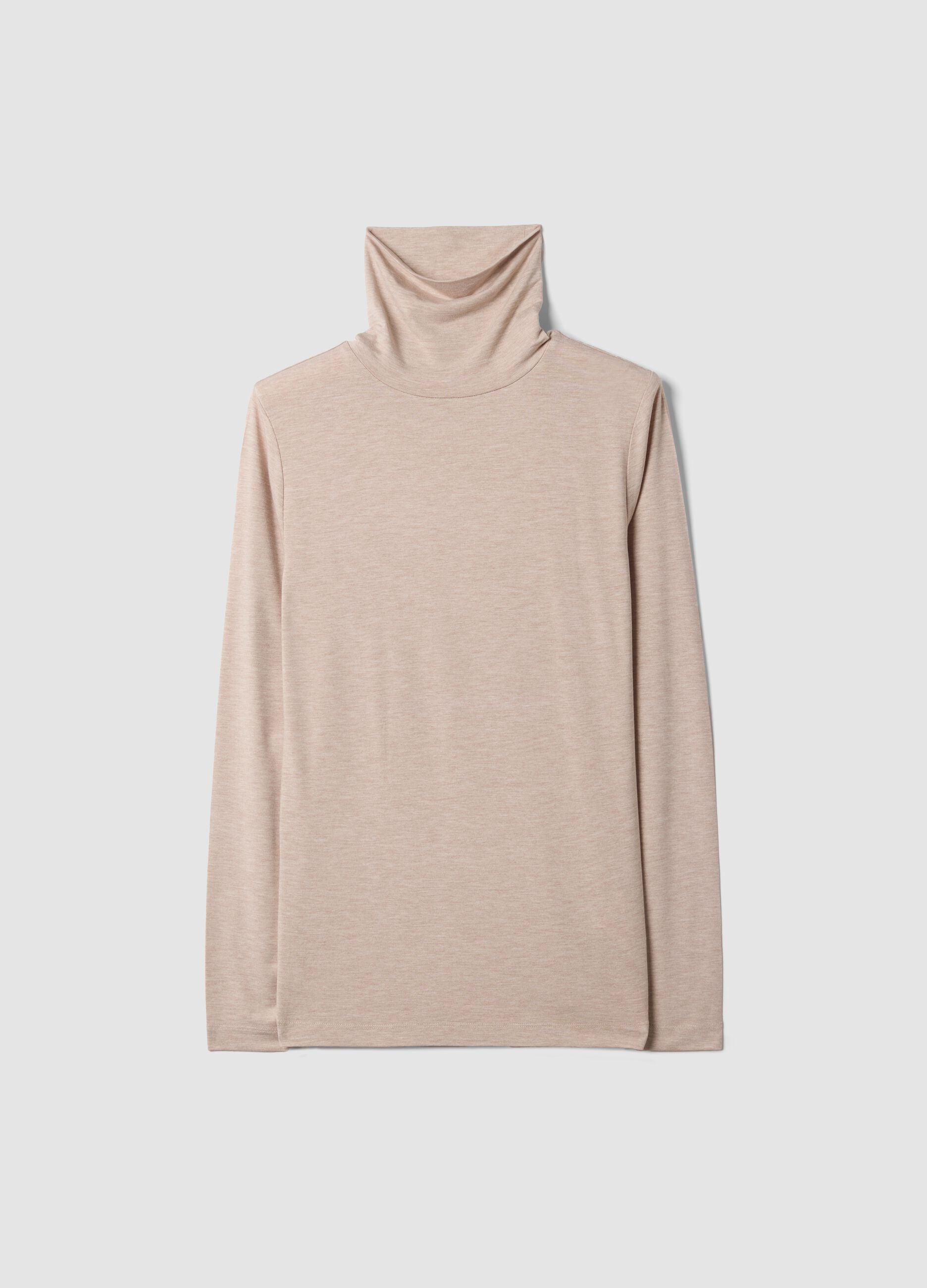 Beiger Pullover aus elastischer Viskose mit Stehkragen, Regular Fit