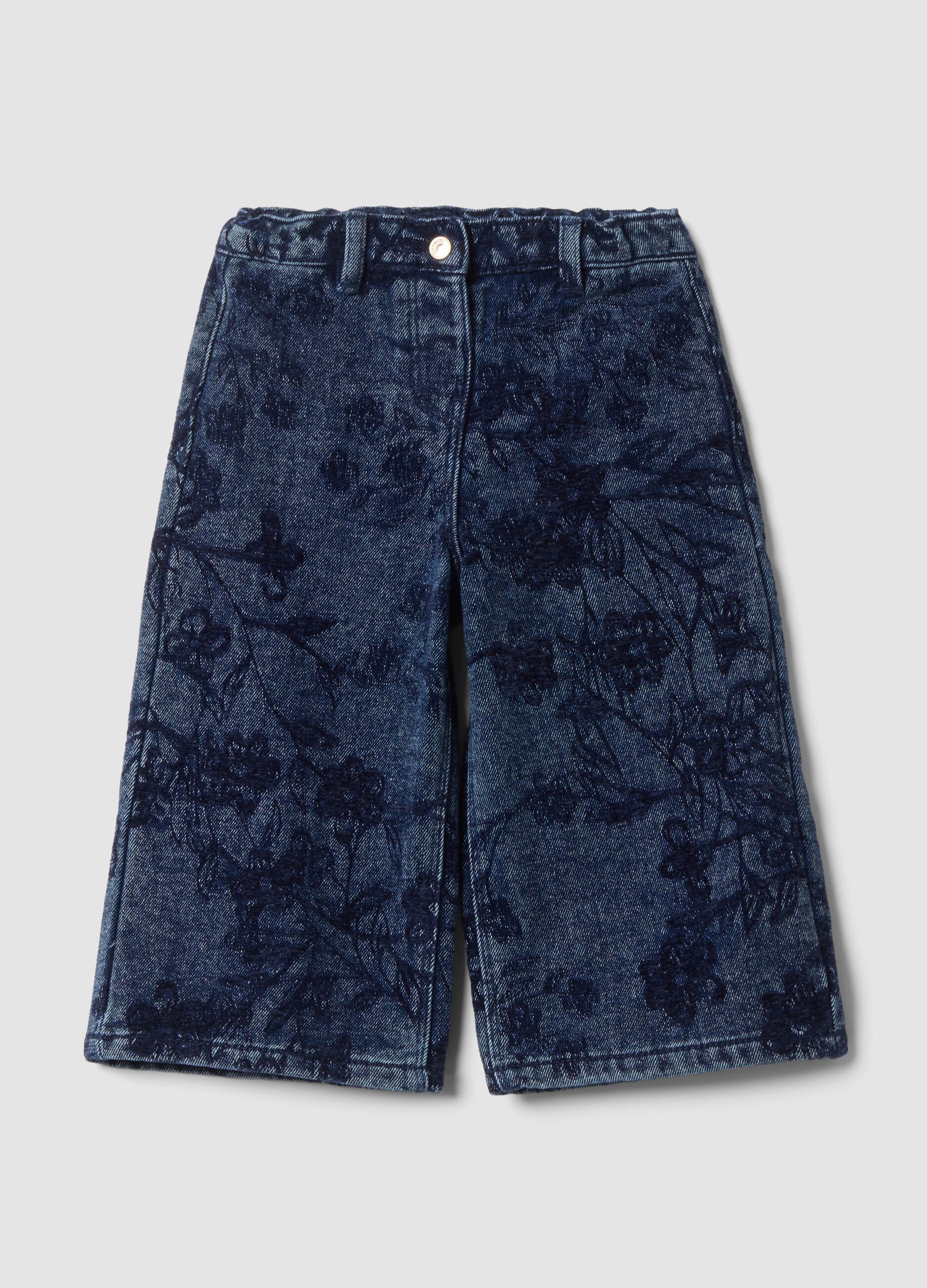 Blue cotton-blend wide-leg jeans with floral print