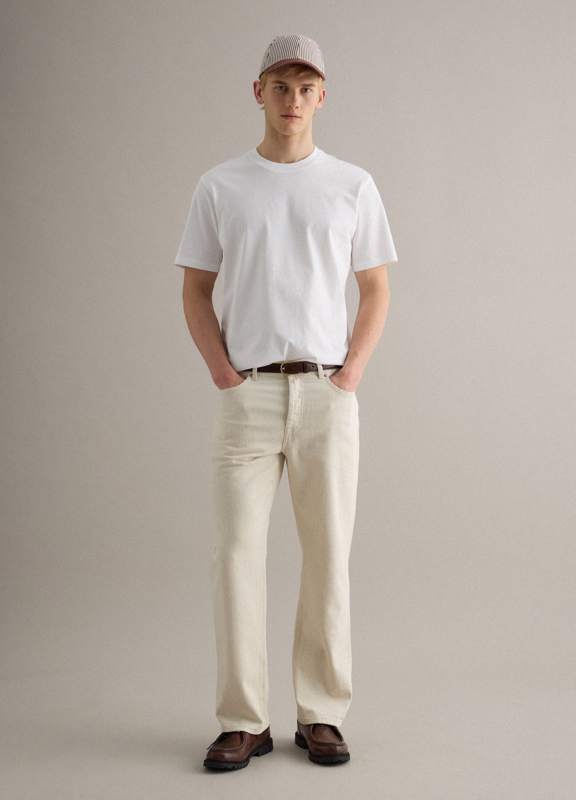 Beige regular fit cotton-linen blend jeans