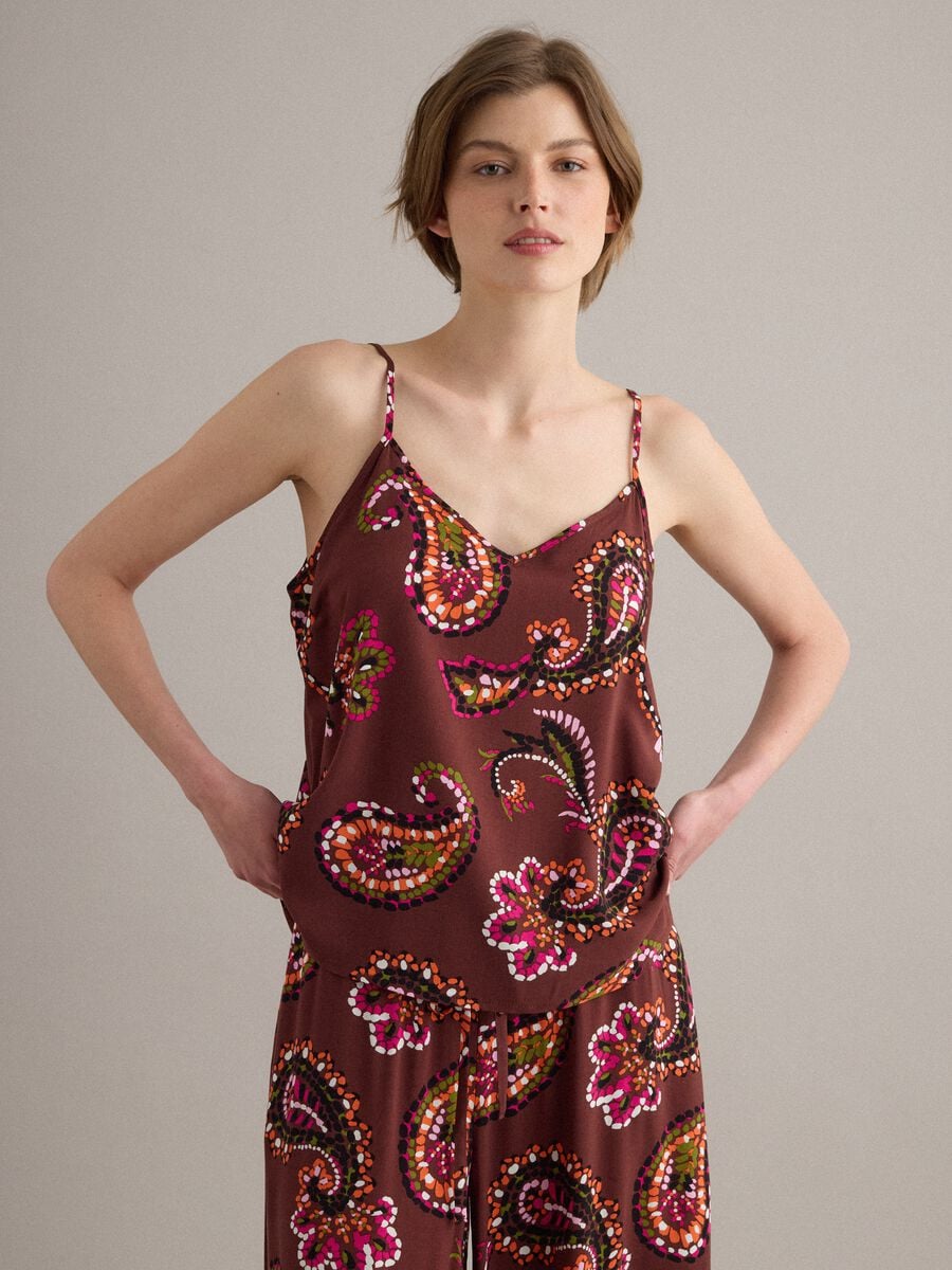 Braunes Tanktop aus reiner Viskose mit Paisley-Print_0