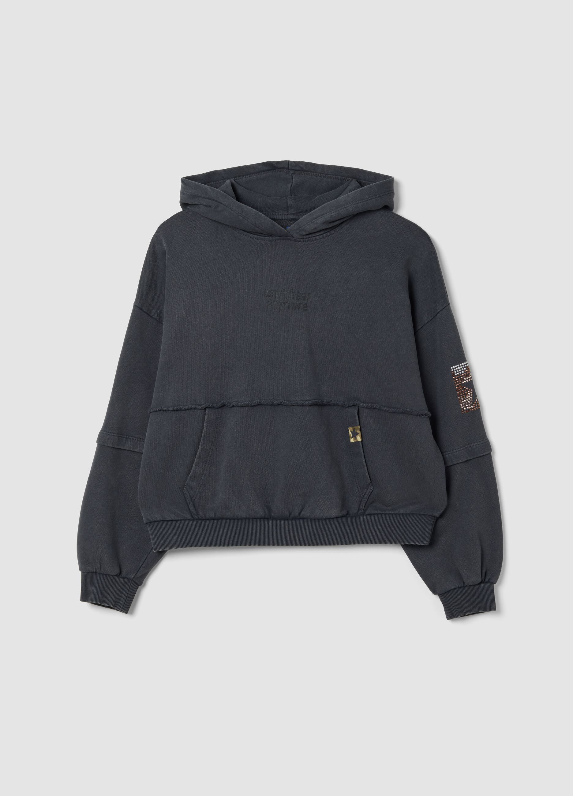 Sweatshirt com capuz cinzento-escuro em algod&atilde;o puro, corte oversize, com ursinho